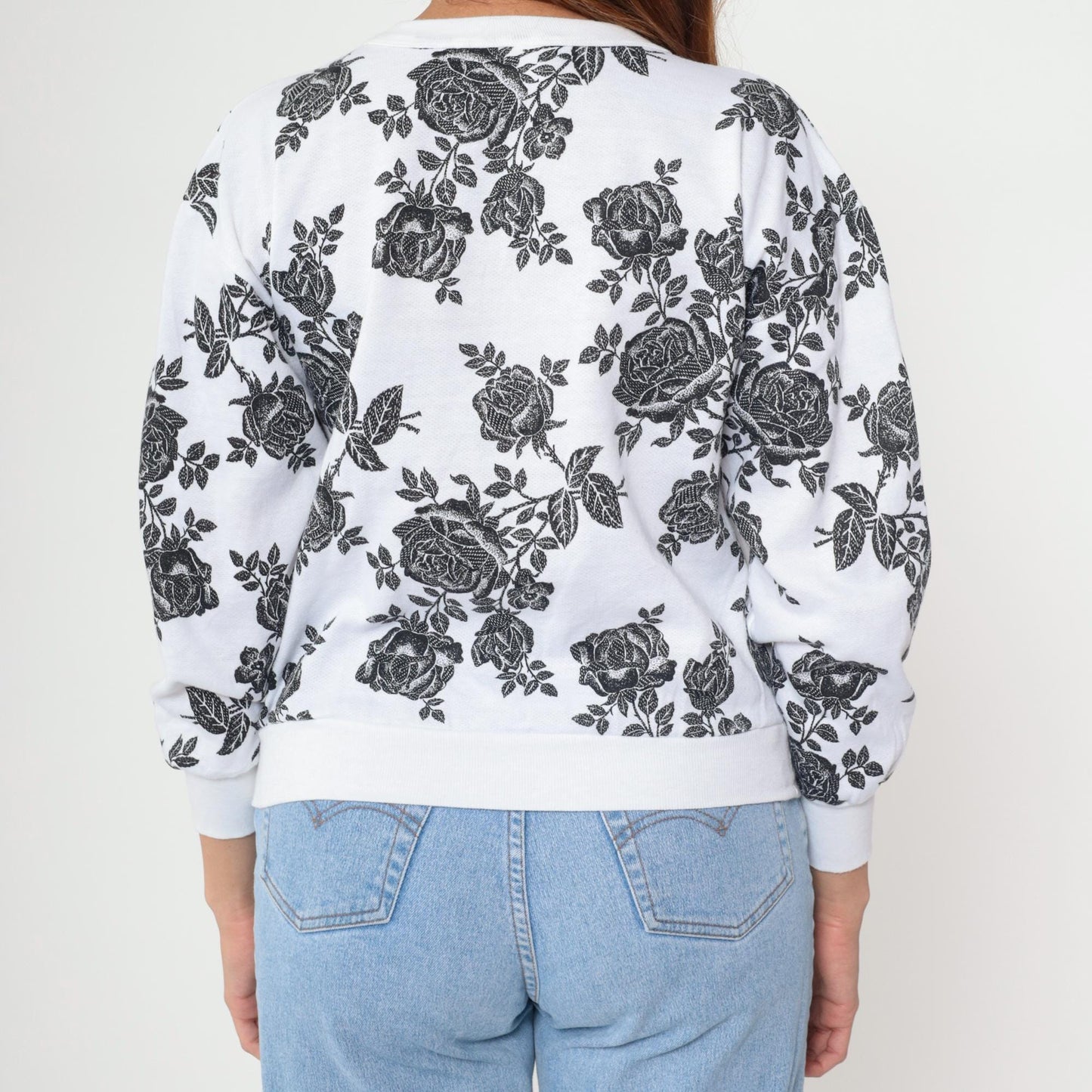 90s Black Rose Floral White Cropped Sweatshirt Crew Neck Small S