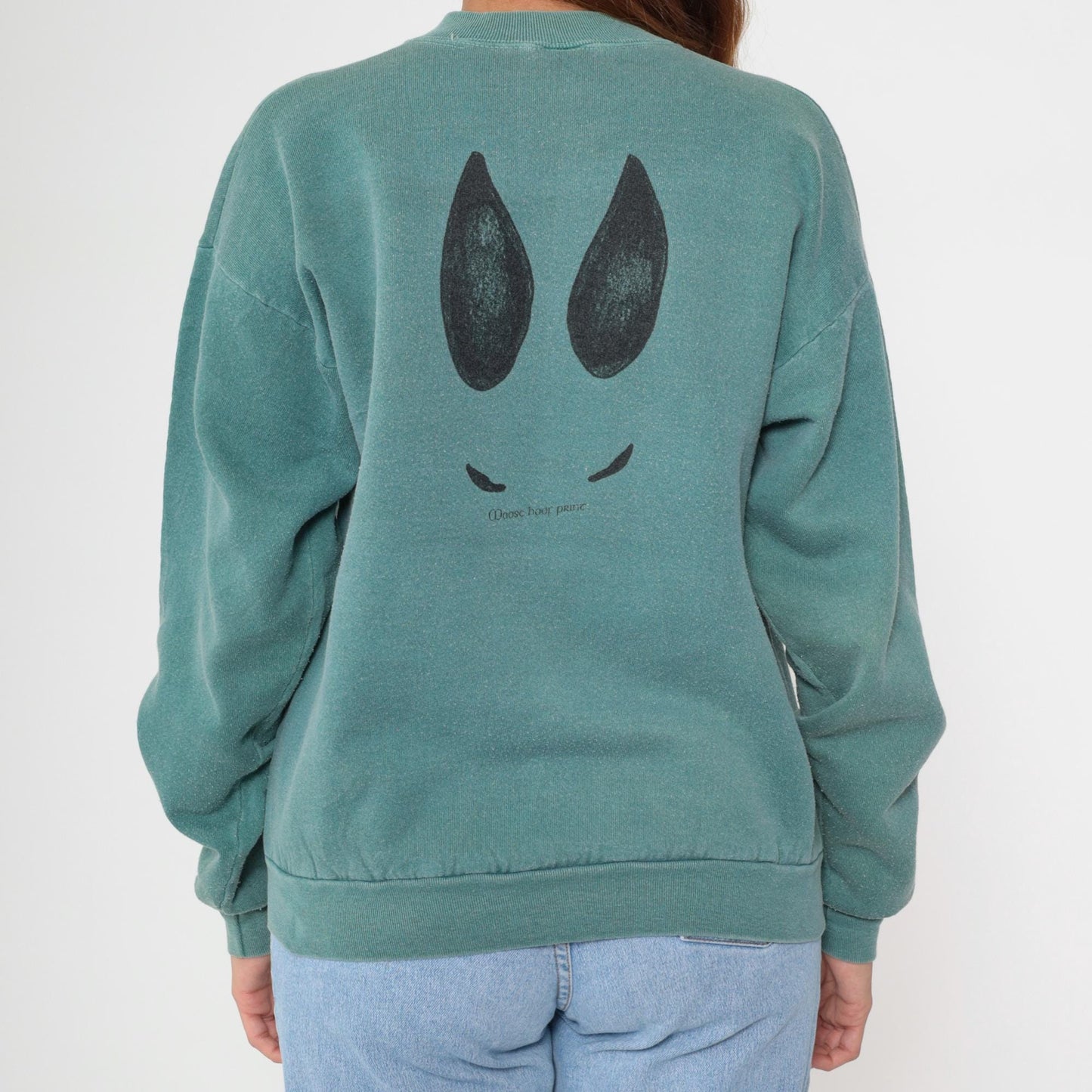 90s Moose Graphic Sweatshirt Sage Green Crewneck Pullover Large L
