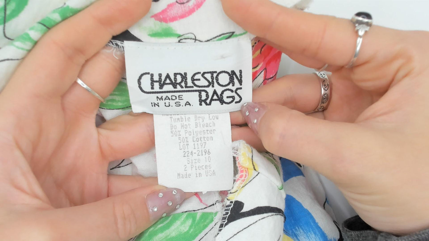 90s Charleston Rags Floral Midi Dress White Cotton Short Sleeve Medium