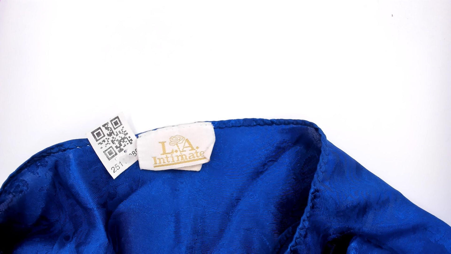 90s La Intimates Royal Blue Satin Nightgown Floral Jacquard V-Neck Mini Small