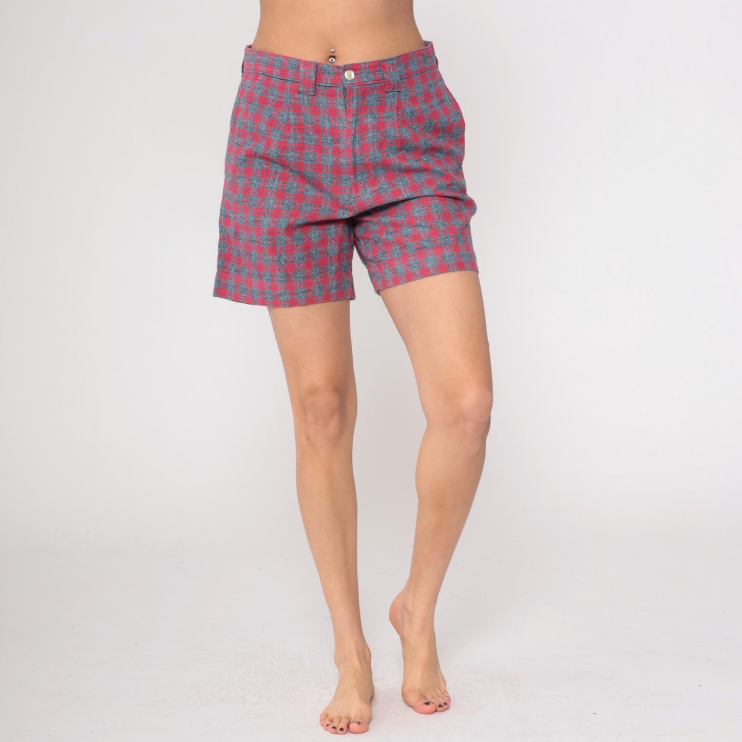 80s Pazzo Plaid High-Waisted Shorts Red Blue Button Front Medium