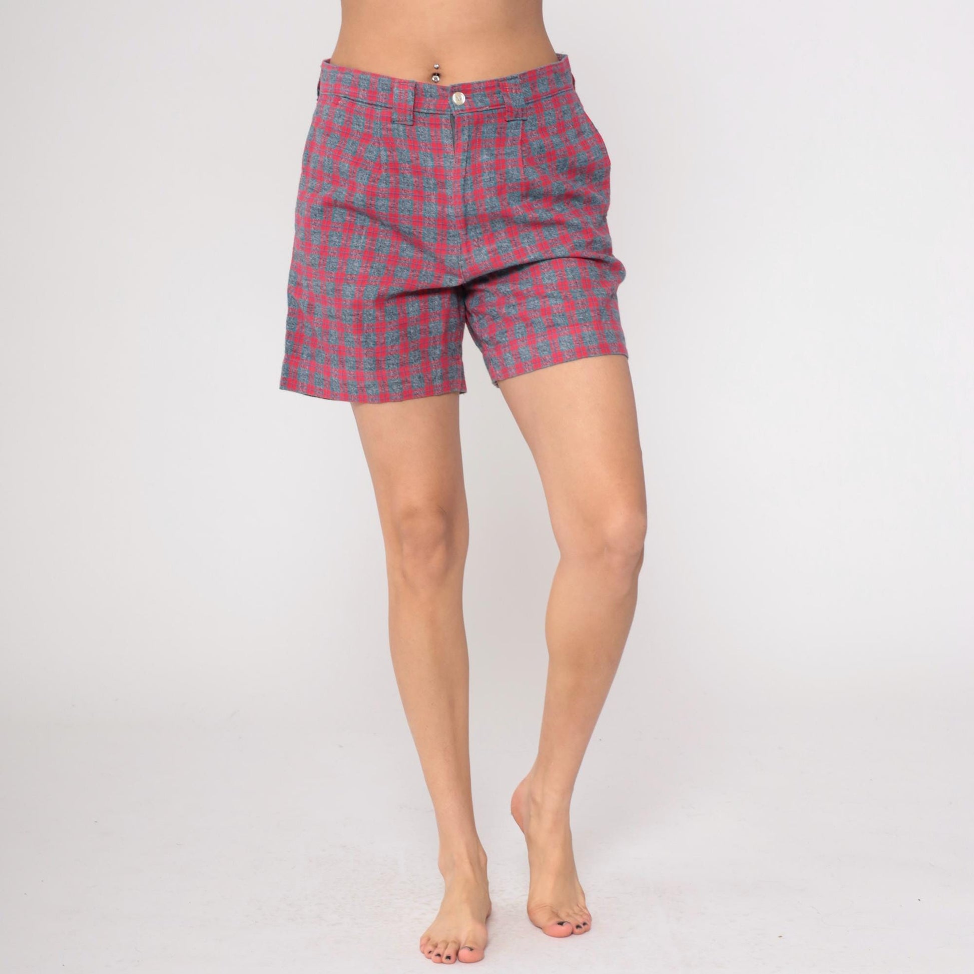 80s Pazzo Plaid High-Waisted Shorts Red Blue Button Front Medium