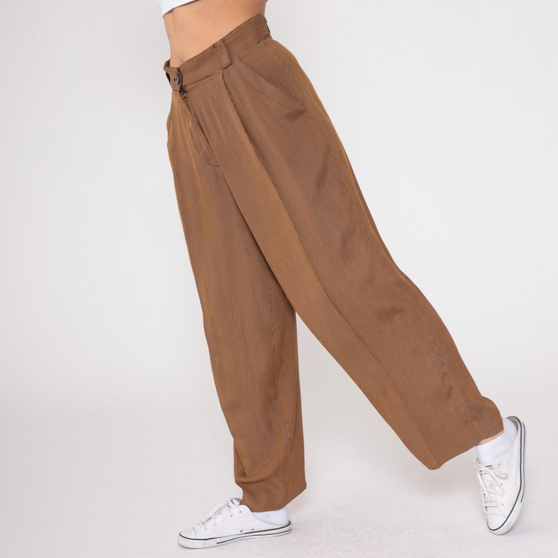 80s Emanuel Ungaro Pinstriped Trousers Brown Tan High Waist Pleated Medium
