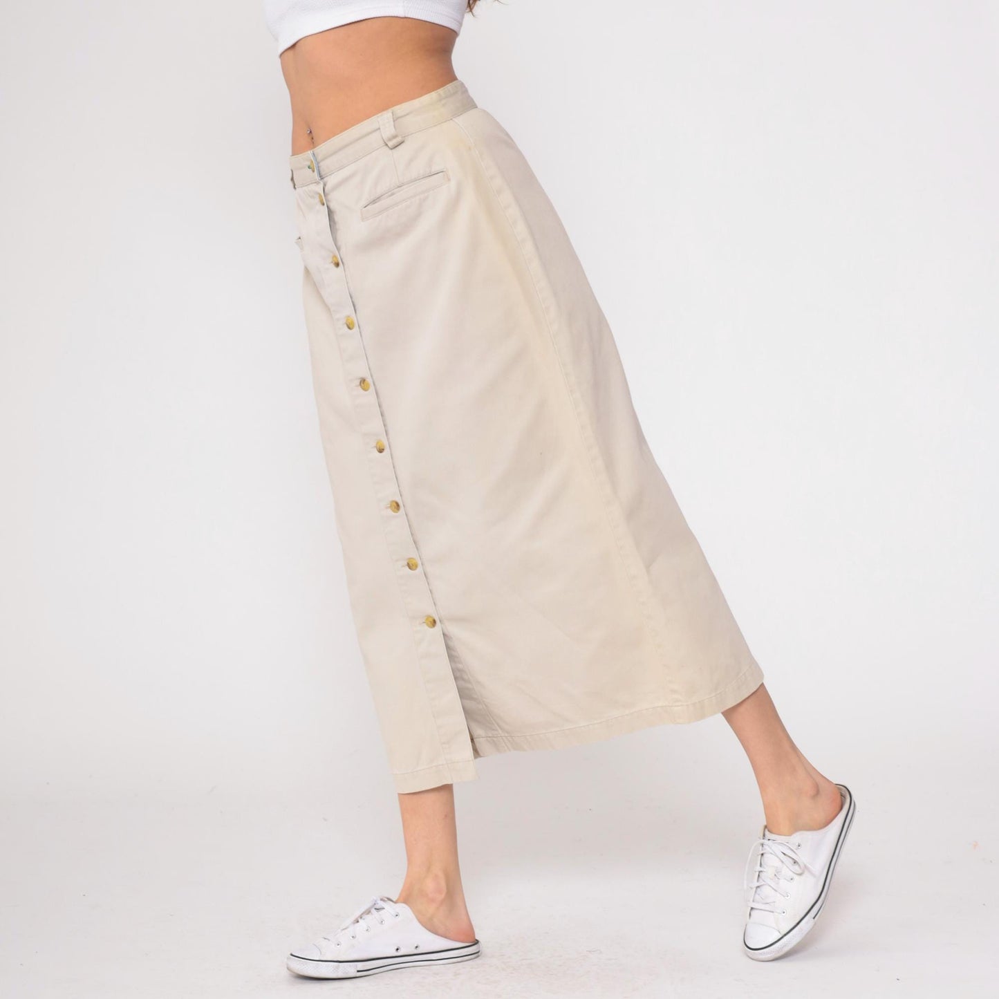 90s Tommy Hilfiger Khaki Skirt Cotton High Waist Button Front Large