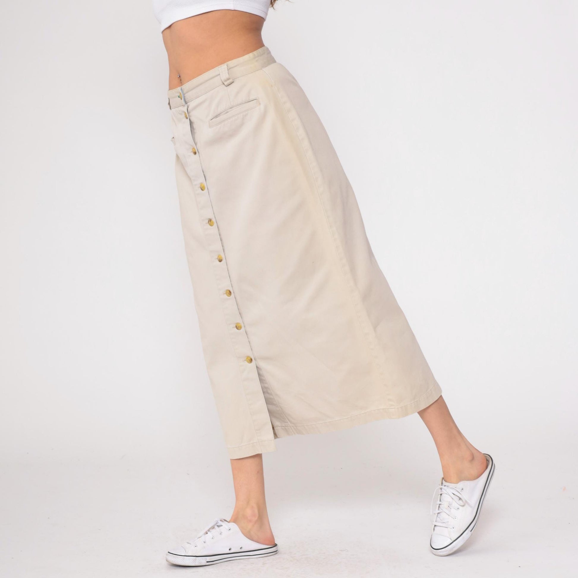 90s Tommy Hilfiger Khaki Skirt Cotton High Waist Button Front Large