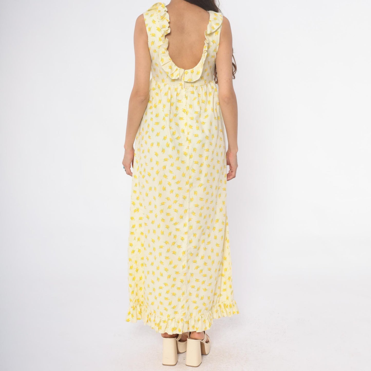 70s Yellow Floral Maxi Dress Sleeveless Ruffle Collar Empire Waist Small