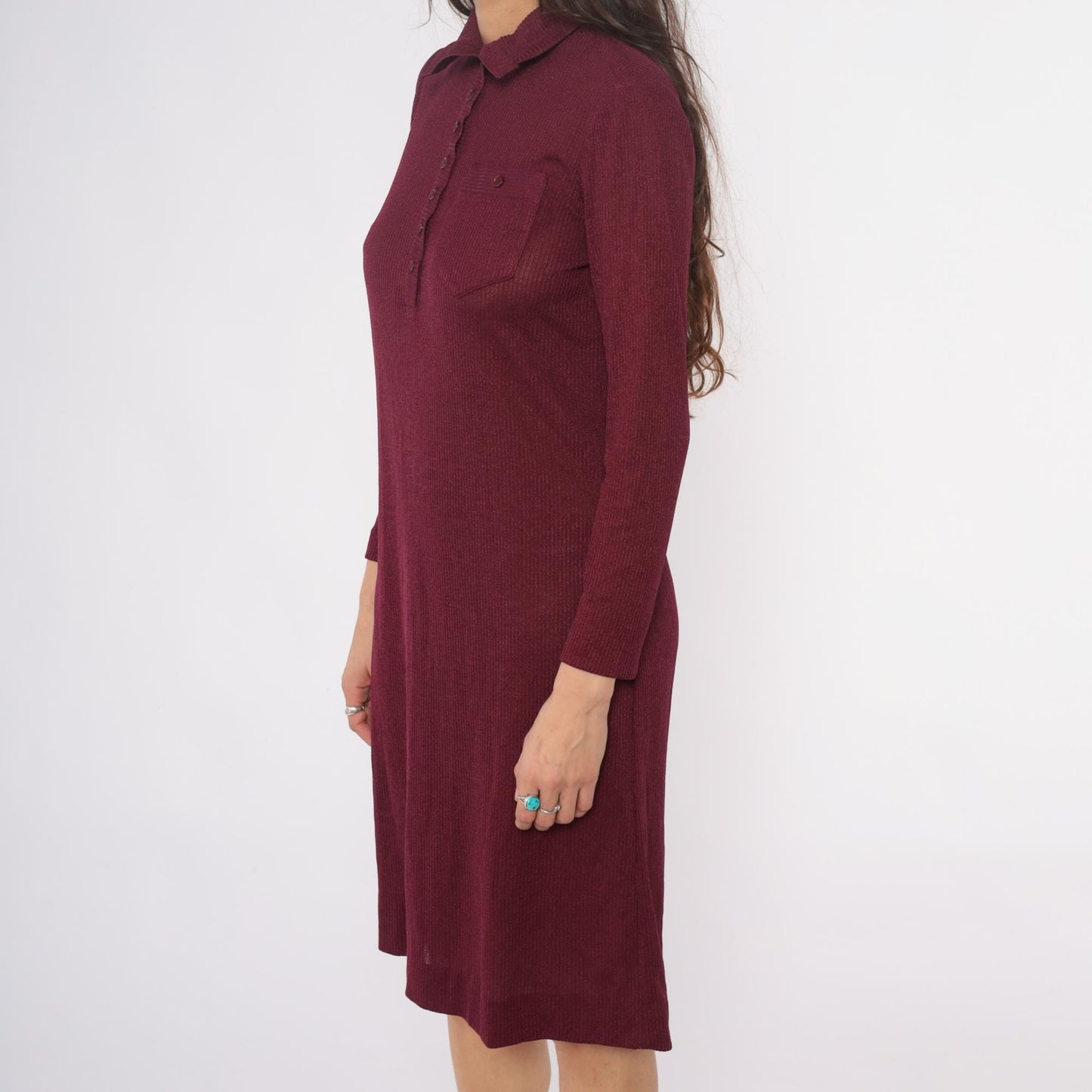 70s Burgundy Ribbed Knit Polo Dress Knee Length Collared Long Sleeve Medium