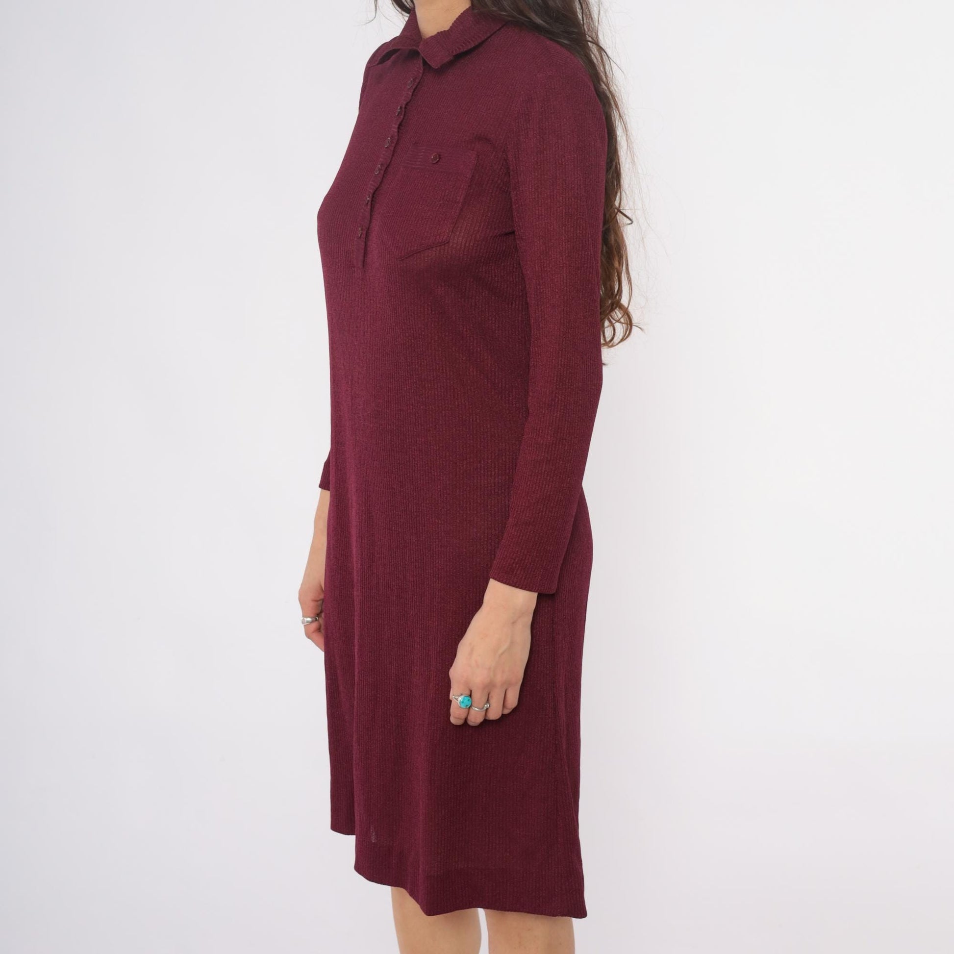 70s Burgundy Ribbed Knit Polo Dress Knee Length Collared Long Sleeve Medium