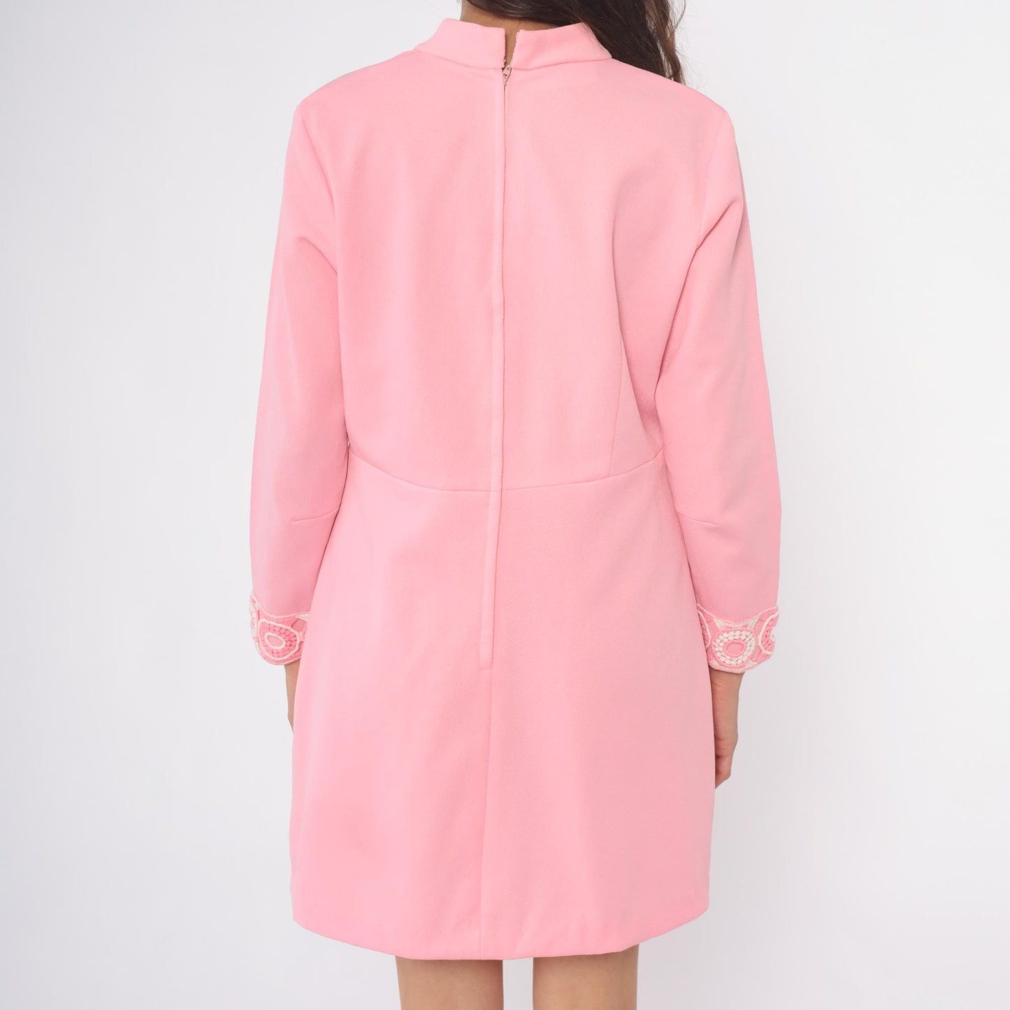 70s Pink Mini Shift Dress Long Sleeve Embroidered Mock Neck Large L