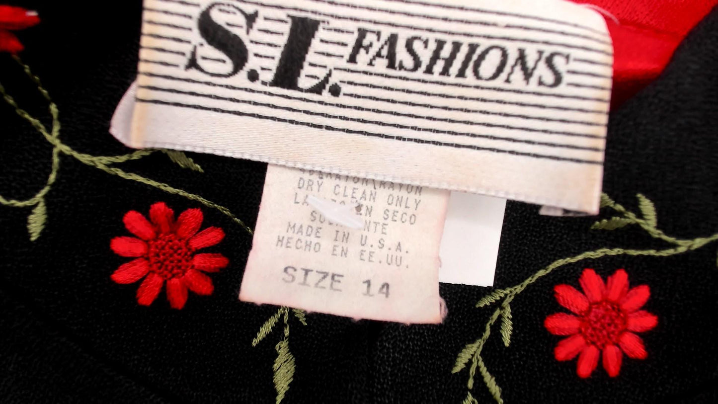 90s SL Fashions Black Midi Dress Mandarin Collar Embroidered Floral Keyhole Large L