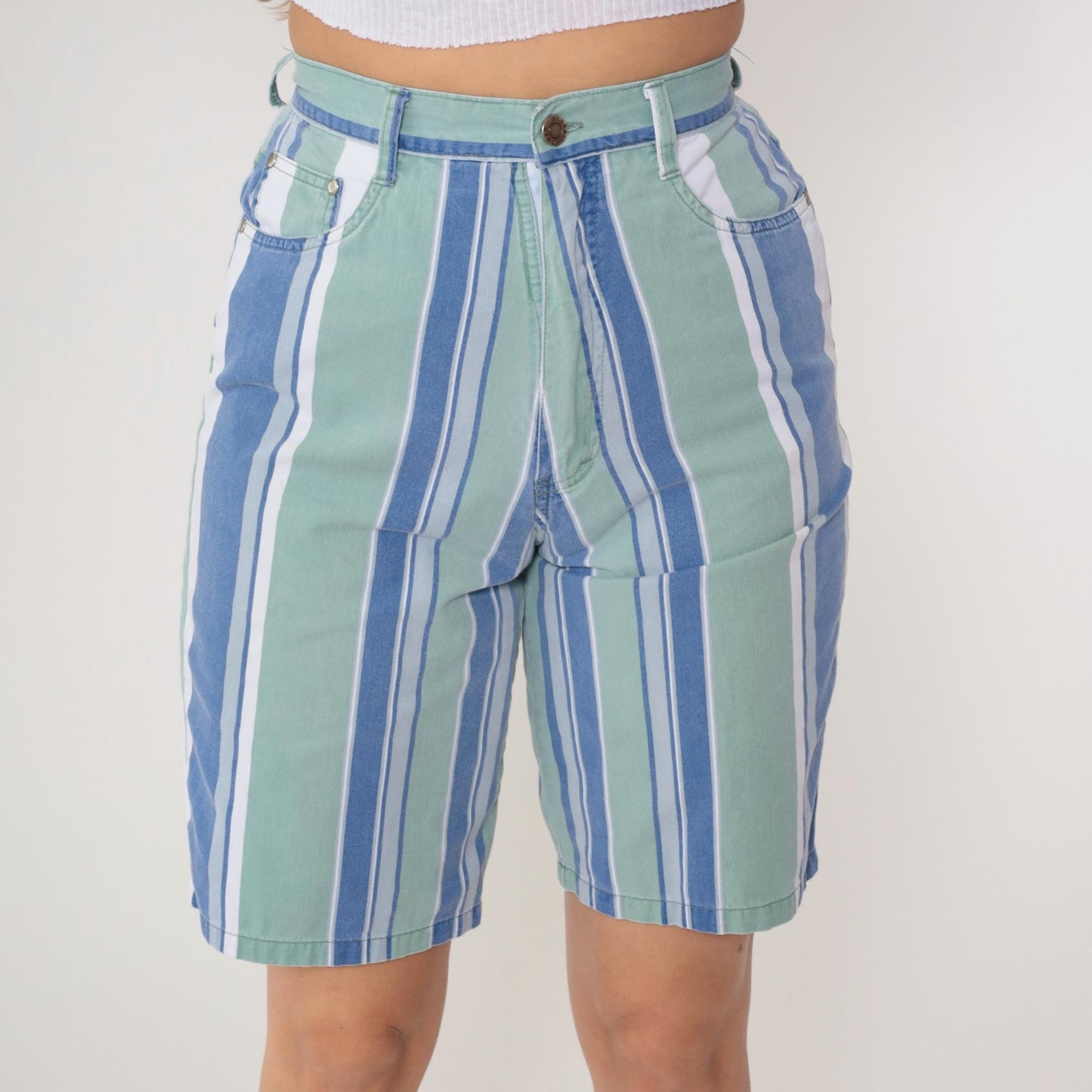 Y2K Anchor Blue Striped Bermuda Shorts High Waist Cotton Small S
