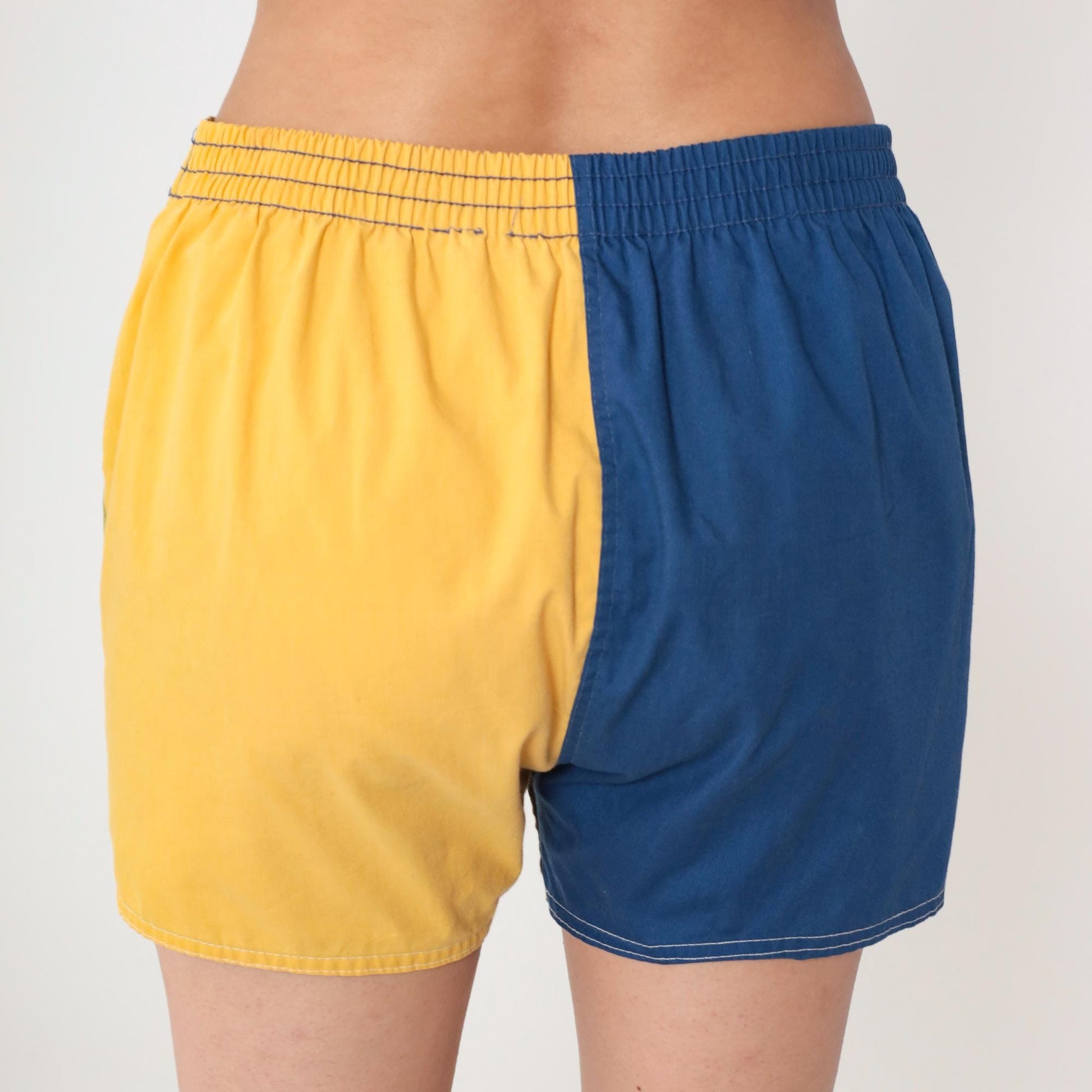 80s Colorblock Shorts Yellow Navy Brown Chartreuse High Waist Cotton Medium