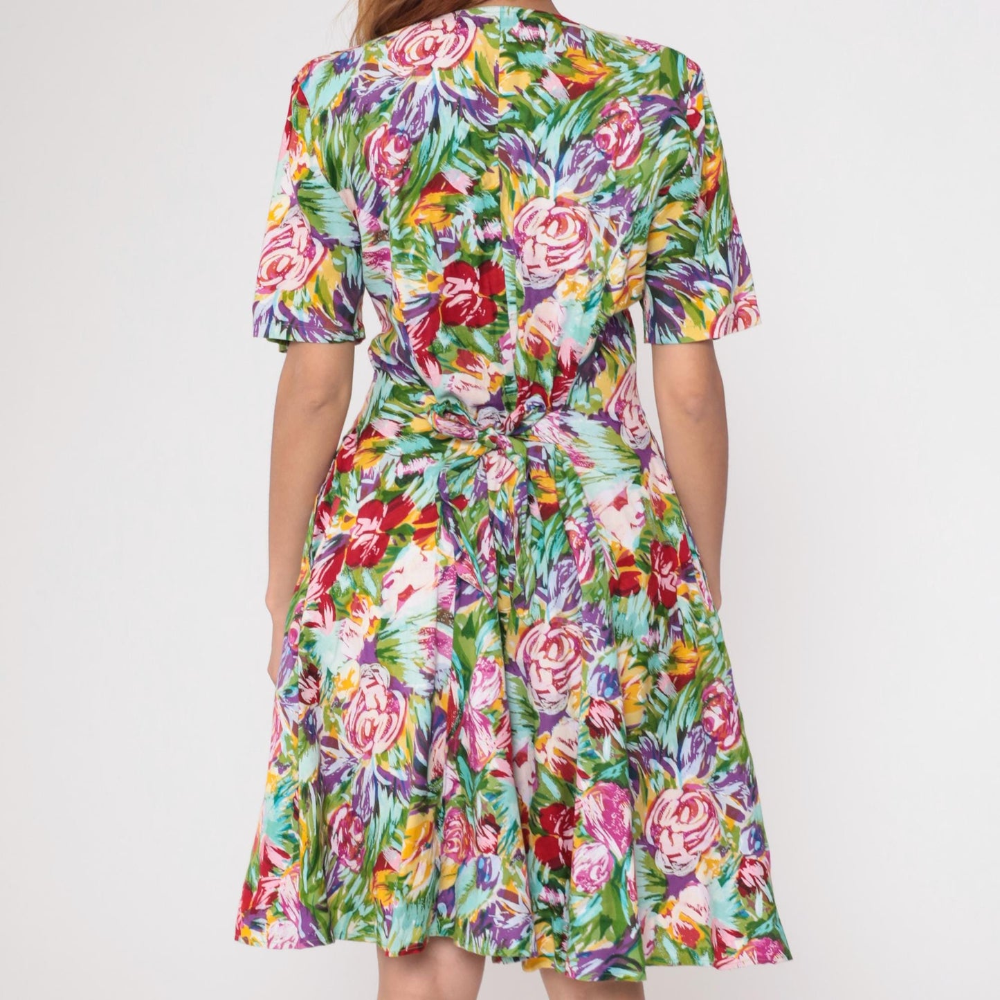 90s Floral Sundress Puff Sleeve Multicolor Watercolor Button Front Medium