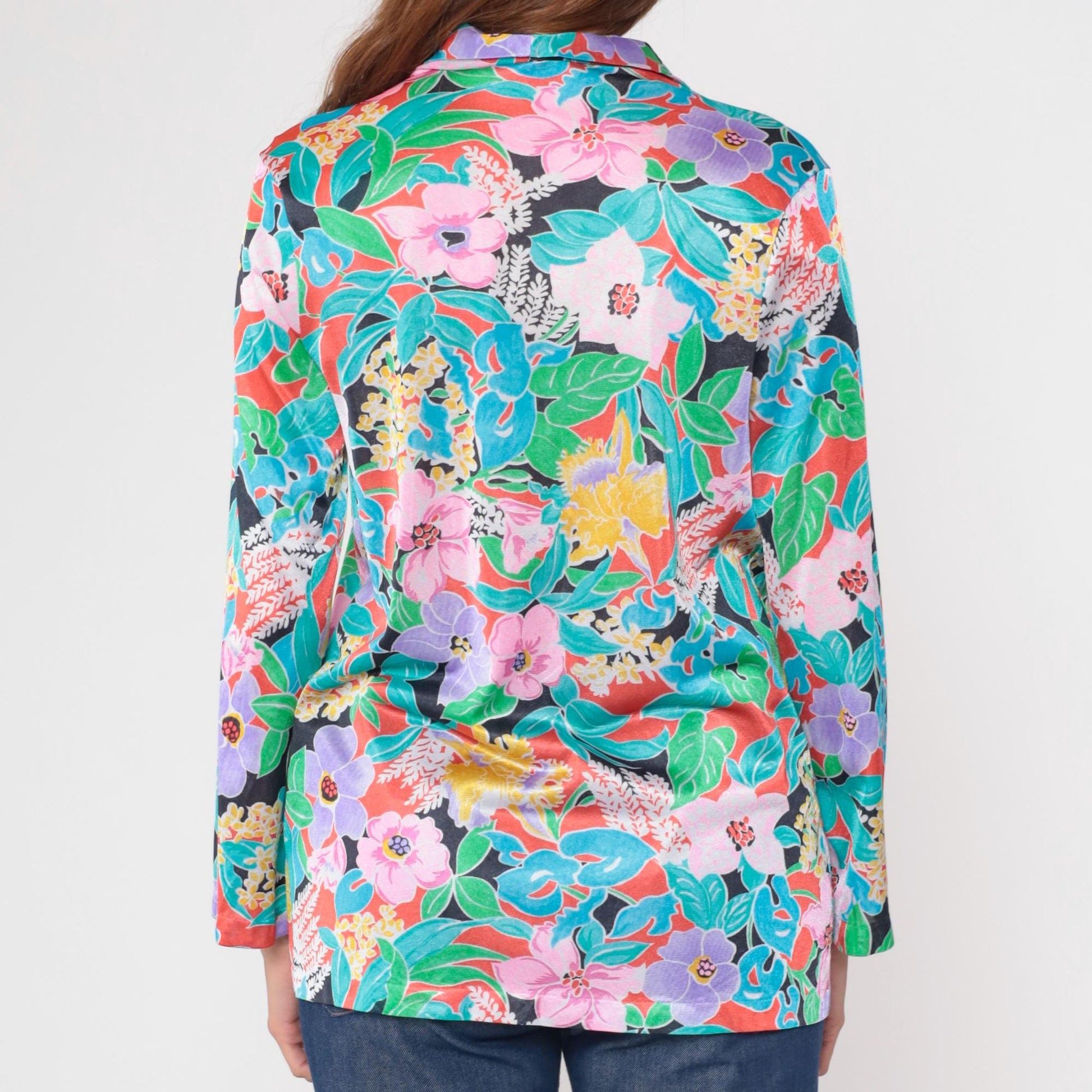 80s Vanity Fair Tropical Floral Button-Up Blouse Pink Purple Turquoise Medium