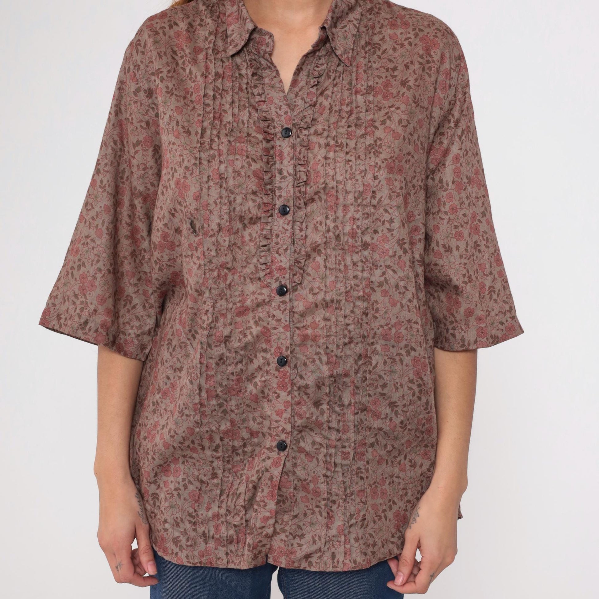 Y2K Sheryll Ellein Floral Button-Up Blouse Pintuck 3/4 Sleeve Beige Extra Large XXL