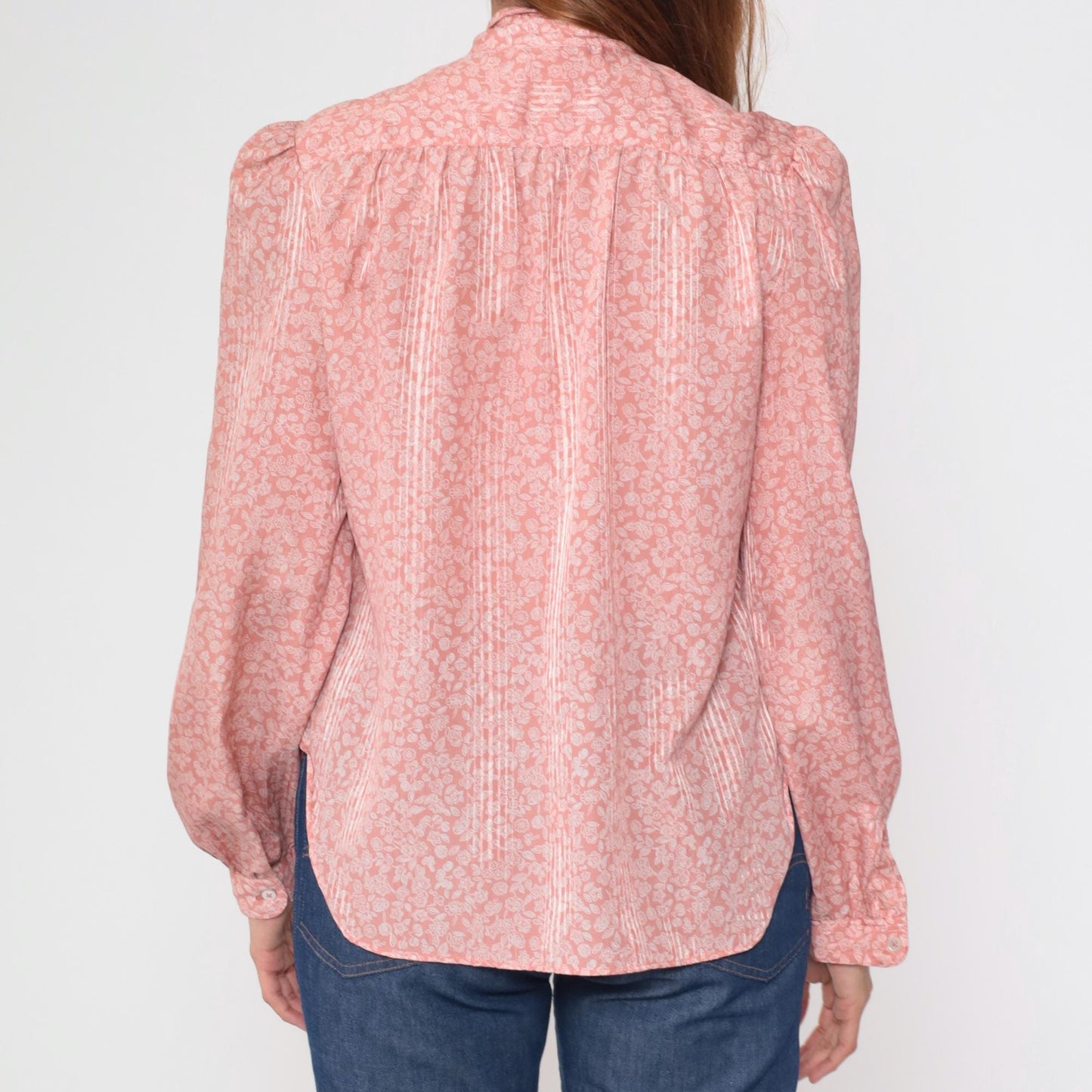 80s Evan Picone Pink Floral Bow Blouse Long Sleeve Medium M