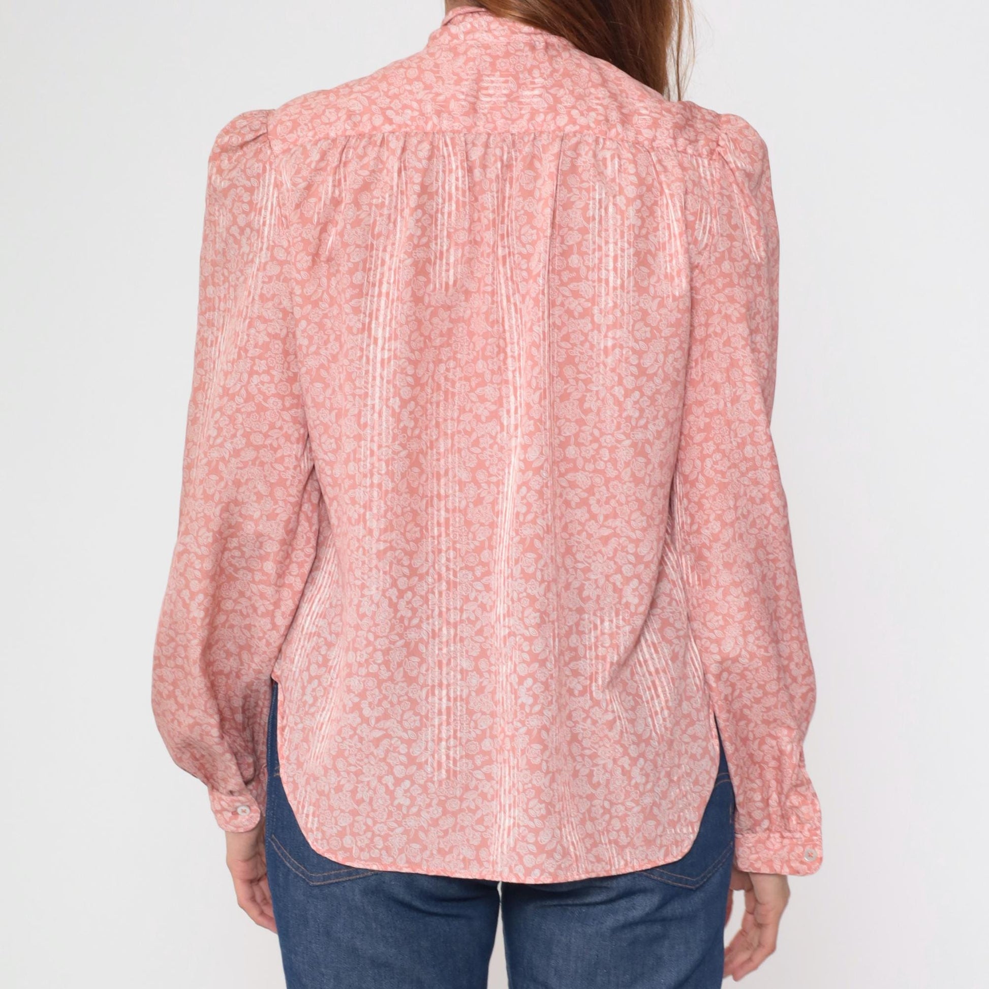 80s Evan Picone Pink Floral Bow Blouse Long Sleeve Medium M