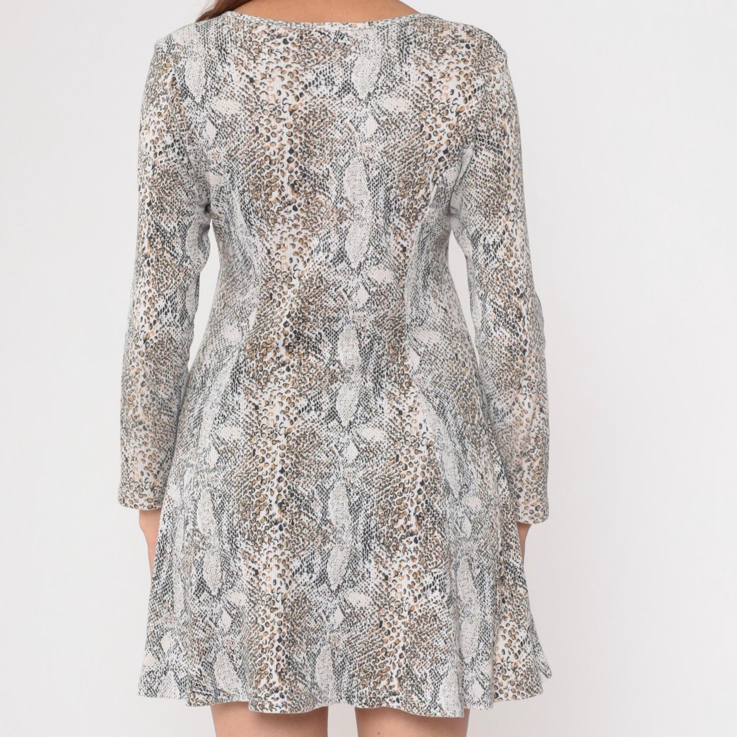90s Snake Print Mini Dress Lace-Up Neckline Long Sleeve Grey Brown Medium