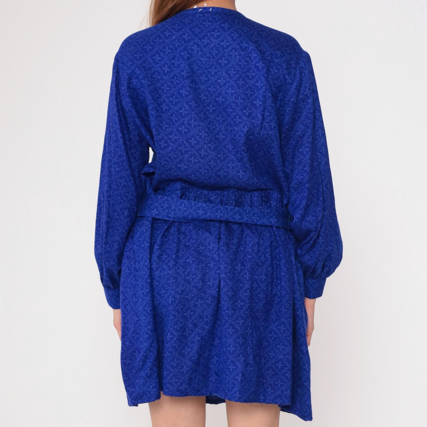 90s Royal Blue Tie Neck Shirt Dress Belted Waist Long Sleeve Medium
