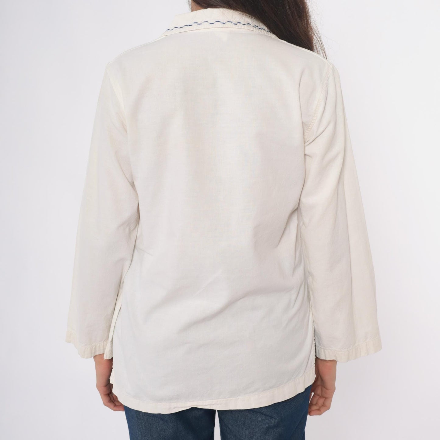 70s Cream Embroidered Rose Tunic Cotton Peasant Blouse Medium M