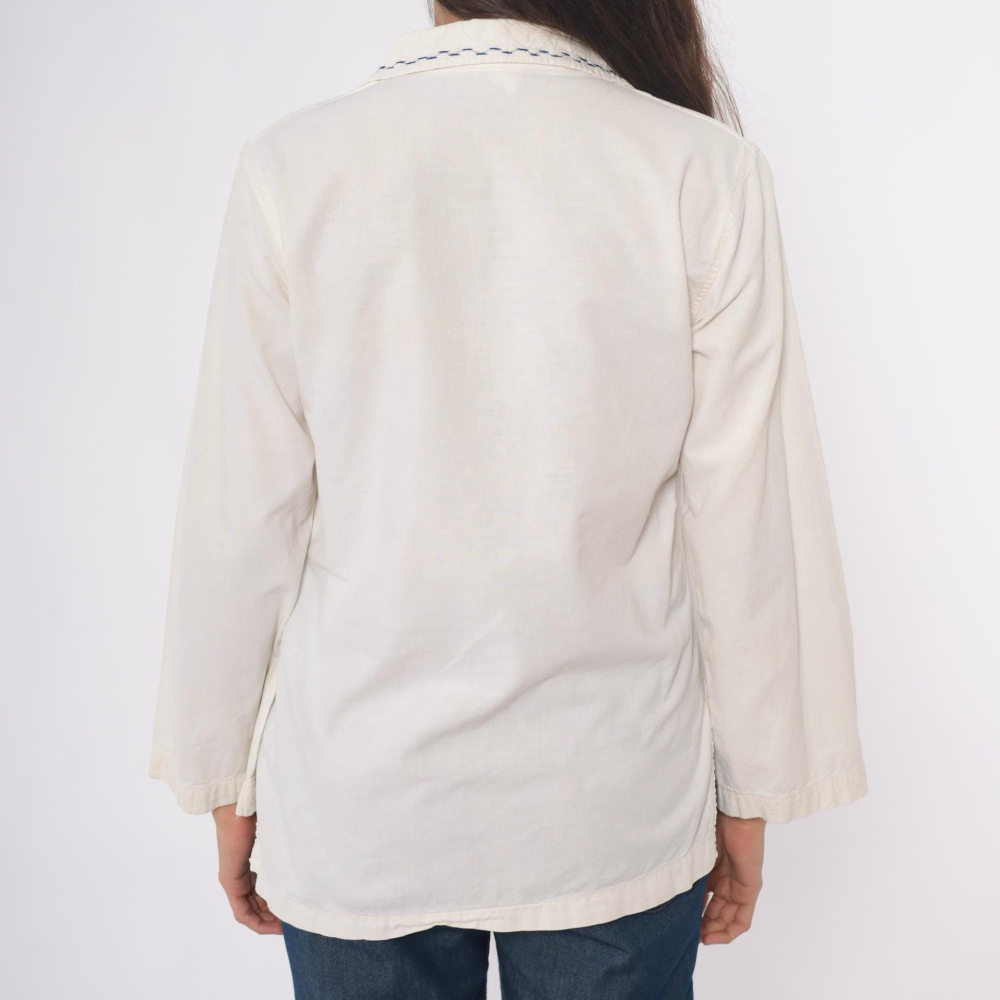 70s Cream Embroidered Rose Tunic Cotton Peasant Blouse Medium M
