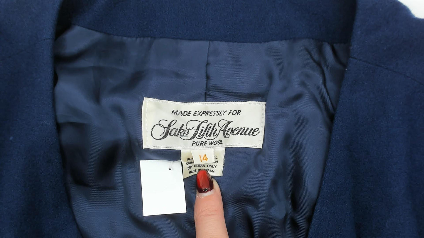 80s Saks Fifth Avenue Navy Wool Blazer Double Breasted Cropped Jacket Large L