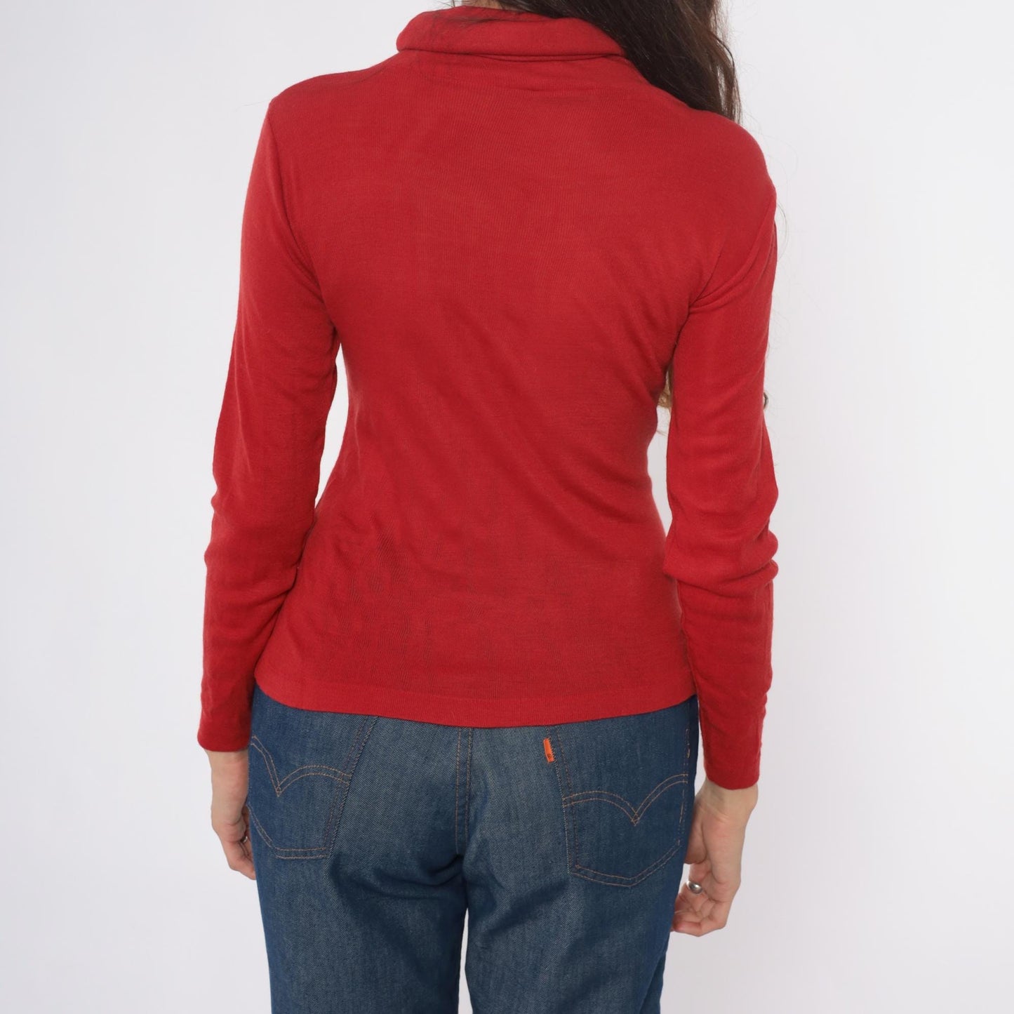 80s Red Turtleneck Acrylic Knit Fitted Long Sleeve Pullover Medium M