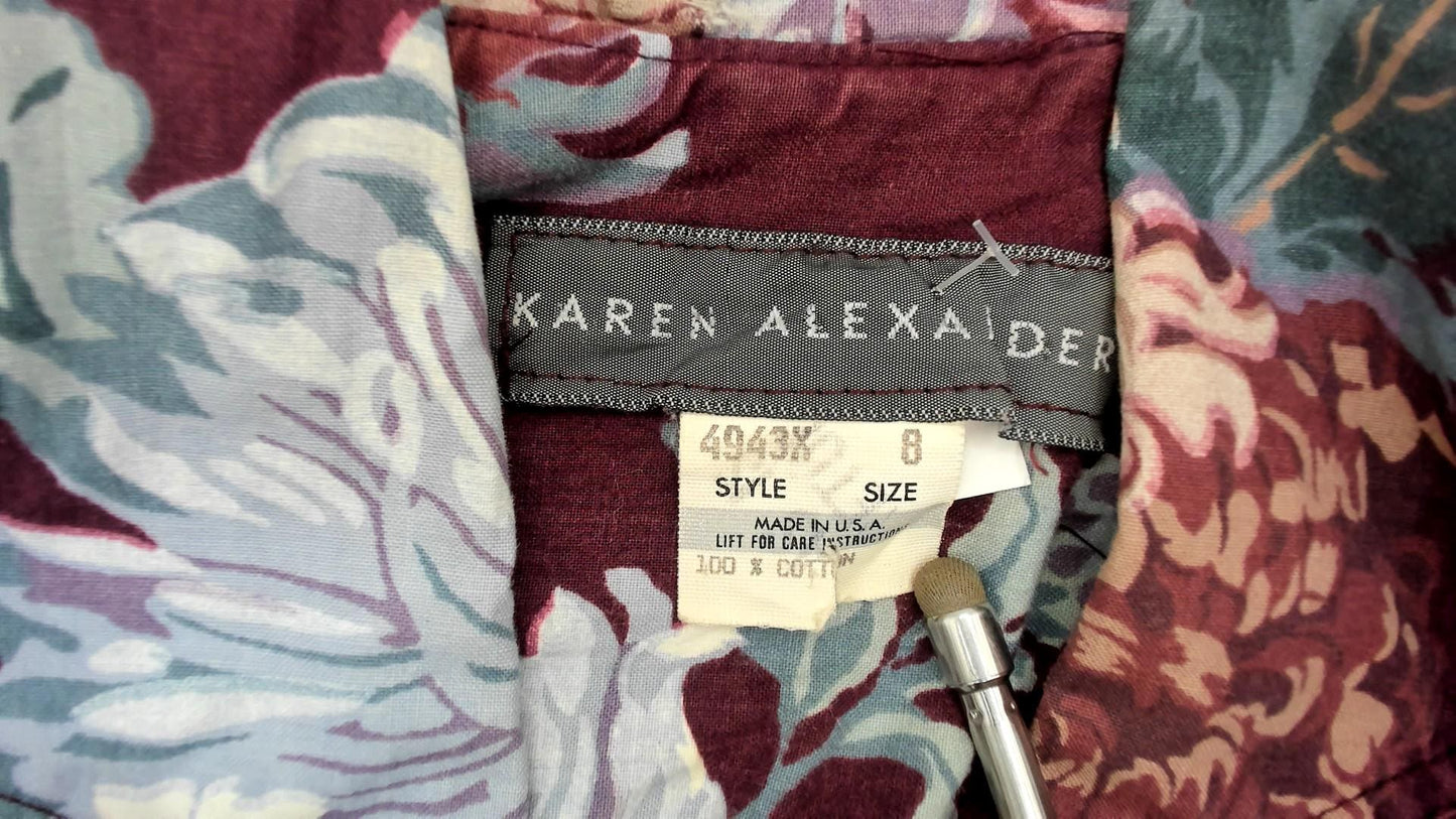 90s Karen Alexander Floral Peplum Dress Burgundy Chrysanthemum Small