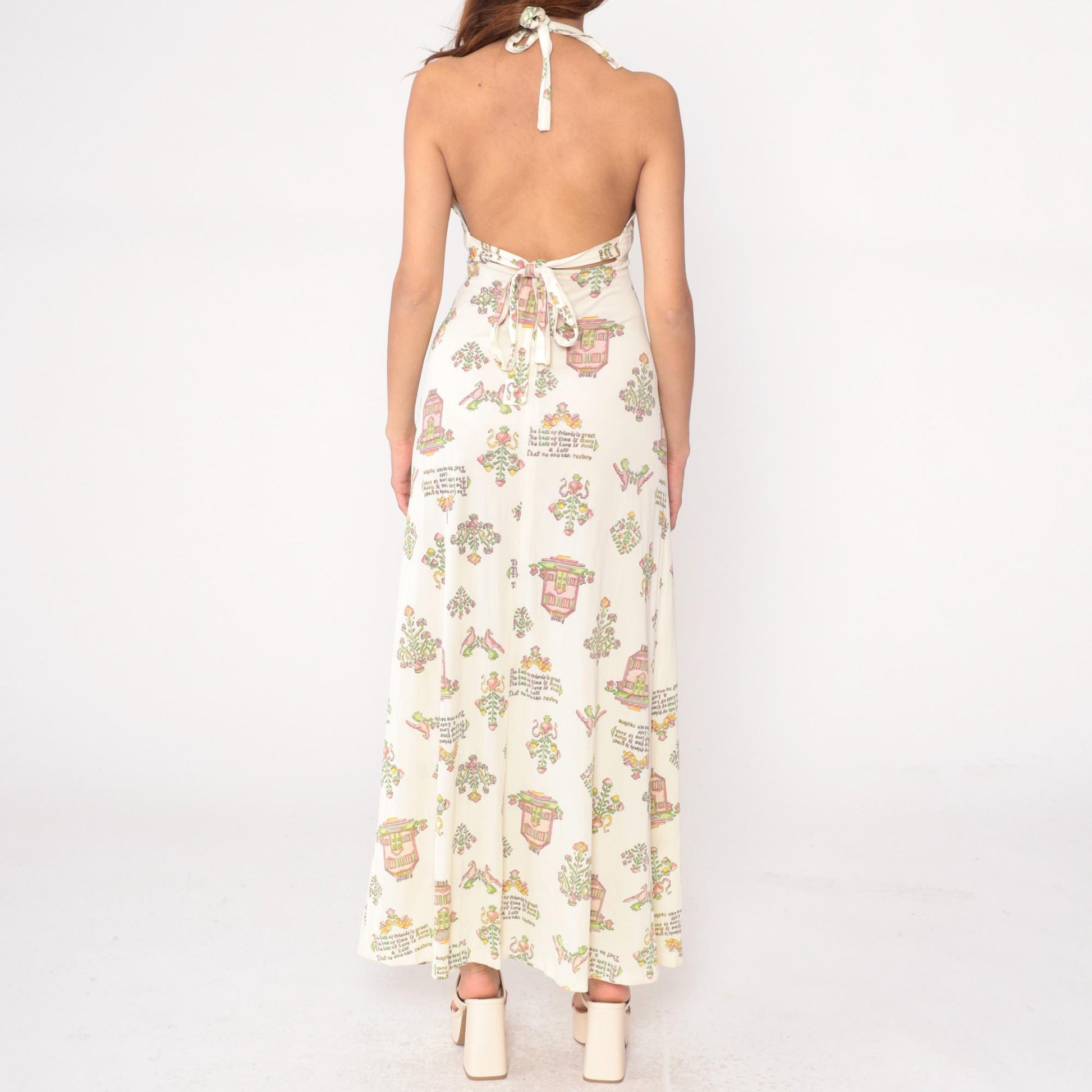 70s White Halter Maxi Dress Novelty Print Open Back Empire Waist Medium