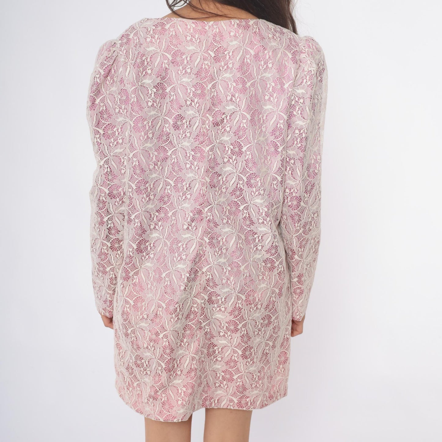70s Purple Lace Mini Dress Long Sleeve Shift Floral White Overlay Medium M