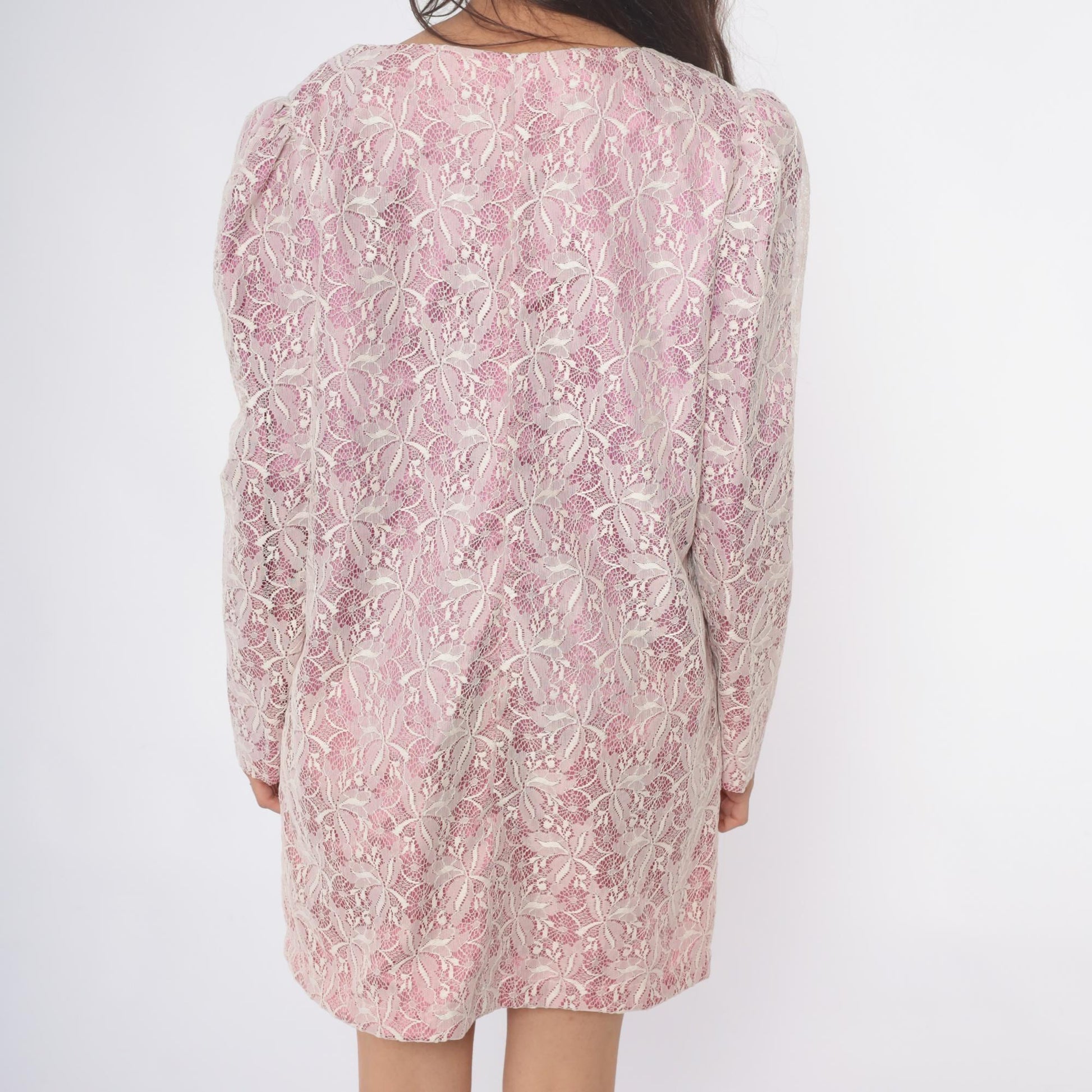 70s Purple Lace Mini Dress Long Sleeve Shift Floral White Overlay Medium M