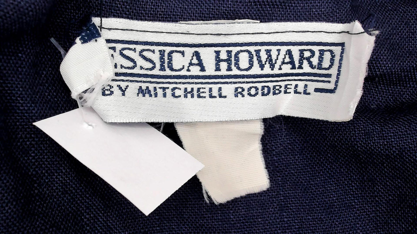 80s Jessica Howard Navy Puff Sleeve Dress Pleated Skirt Shoulder Pads Medium