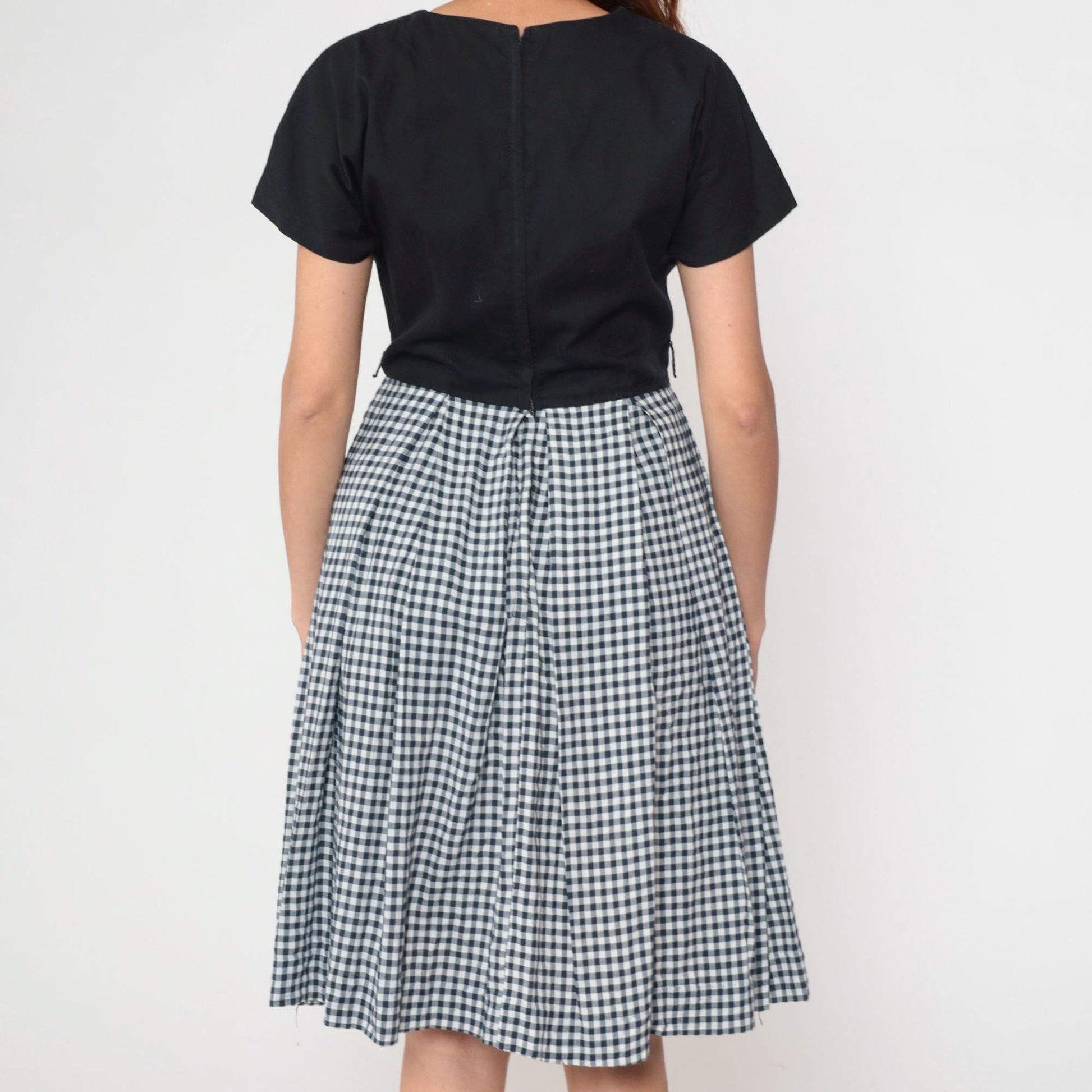 90s Black White Gingham Dress Crew Neck A-Line Knee Length Cotton Medium M