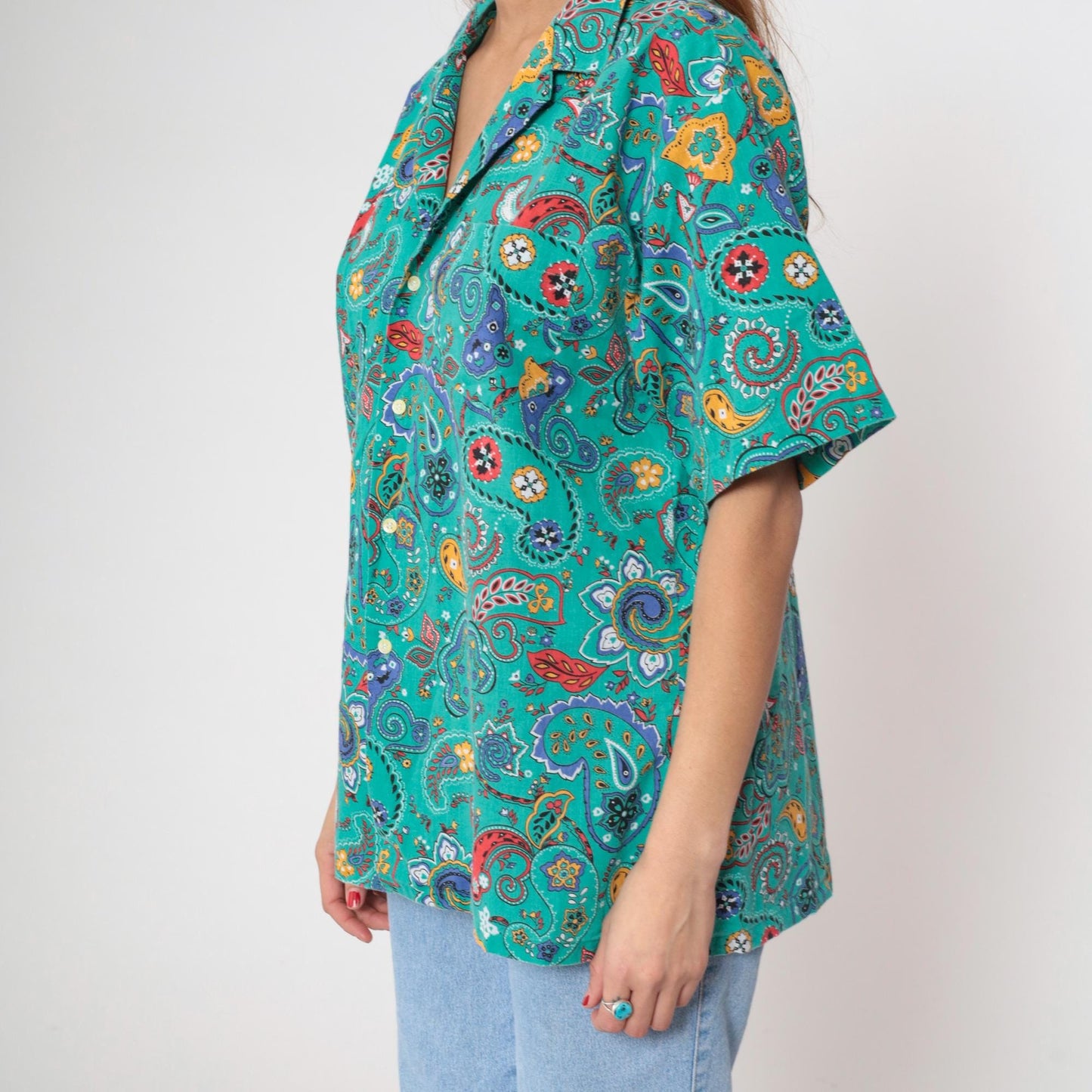 90s Hub Frankel Turquoise Paisley Button-Up Shirt Short Sleeve Large L