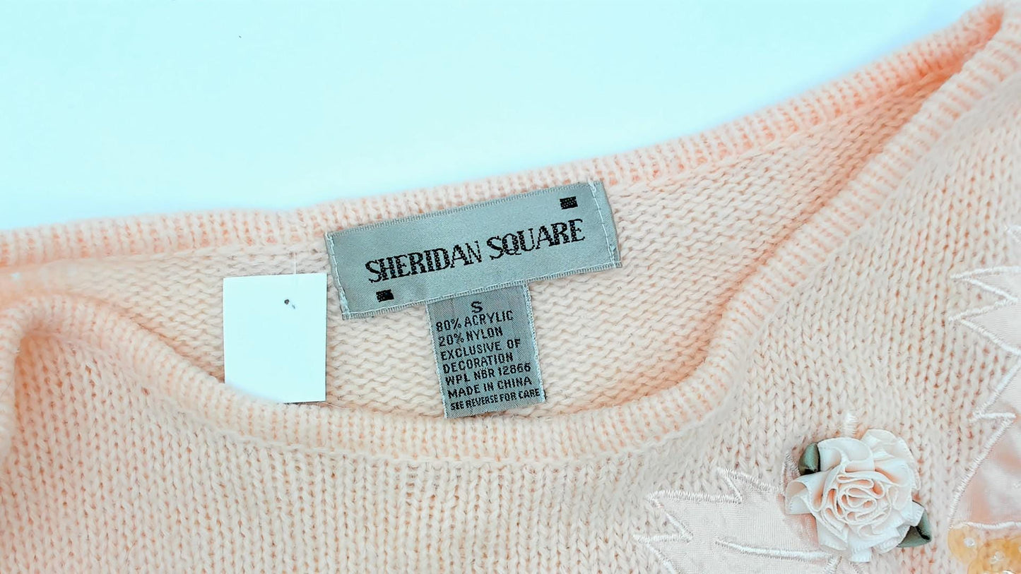 80s Peach Sequin Floral Sweater Sheridan Square Knit Pullover Small S