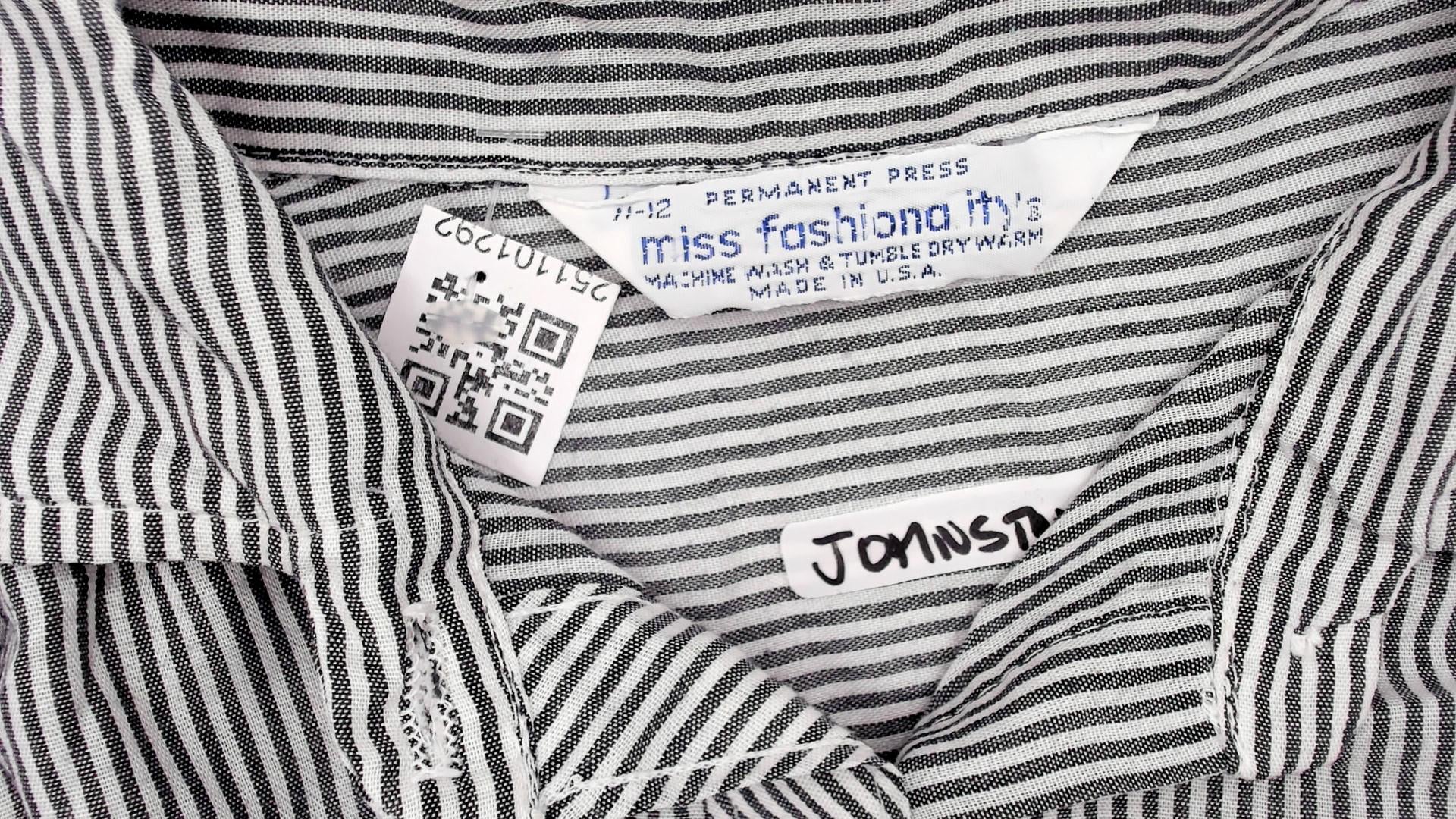 80s Miss Fashionality Blue White Striped Button Blouse Bow Tie Collar Large