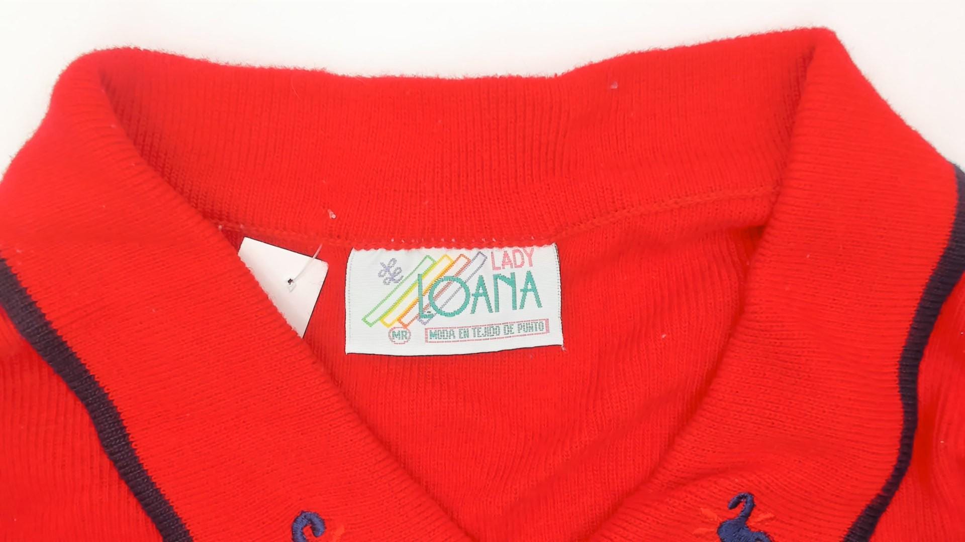 70s Lady Loana Red Polo Shirt Embroidered Flowers Keyhole Neckline Medium