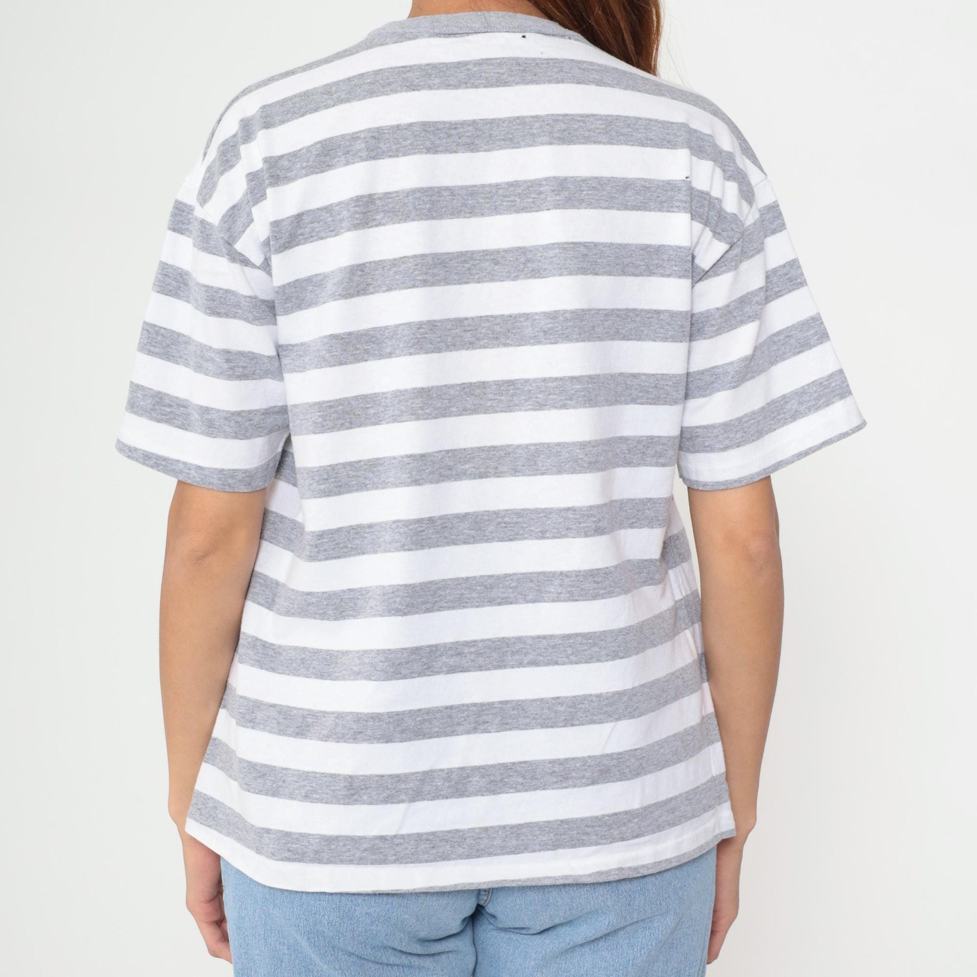 90s Great Smoky Mountains Striped Graphic Tee Grey White Large L