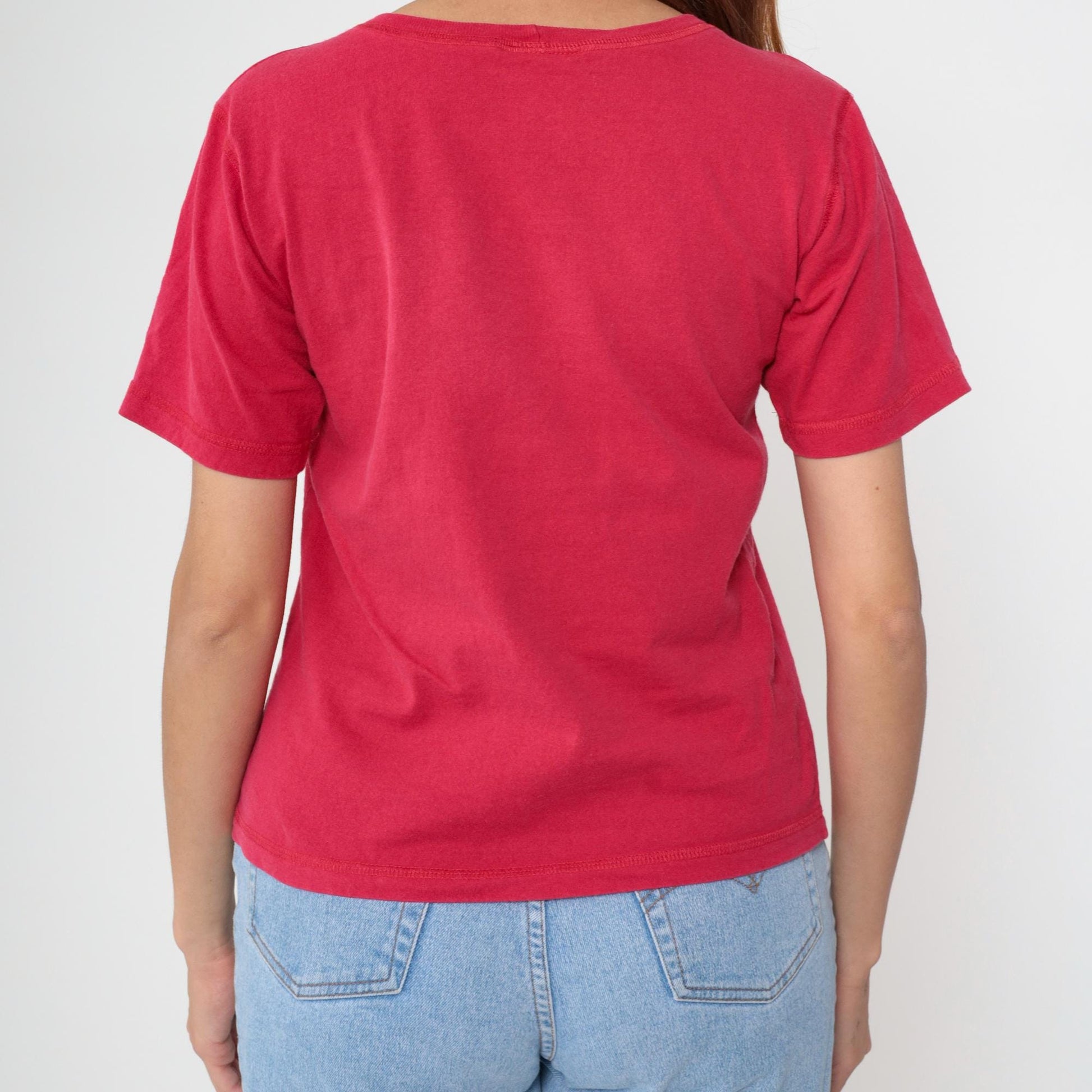 90s Mickey Mouse Fishing Graphic T-Shirt Red Cotton Crew Neck Medium M