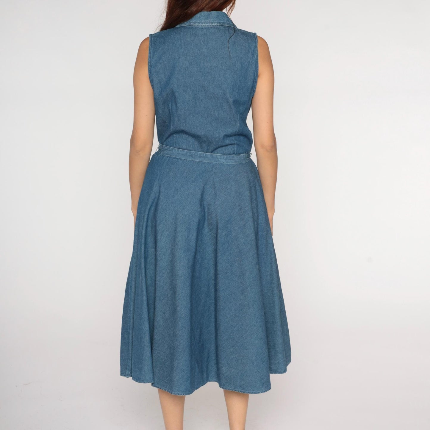 Y2K Denim Midi Dress Blue Chambray Sleeveless Collared Tie Waist Large L