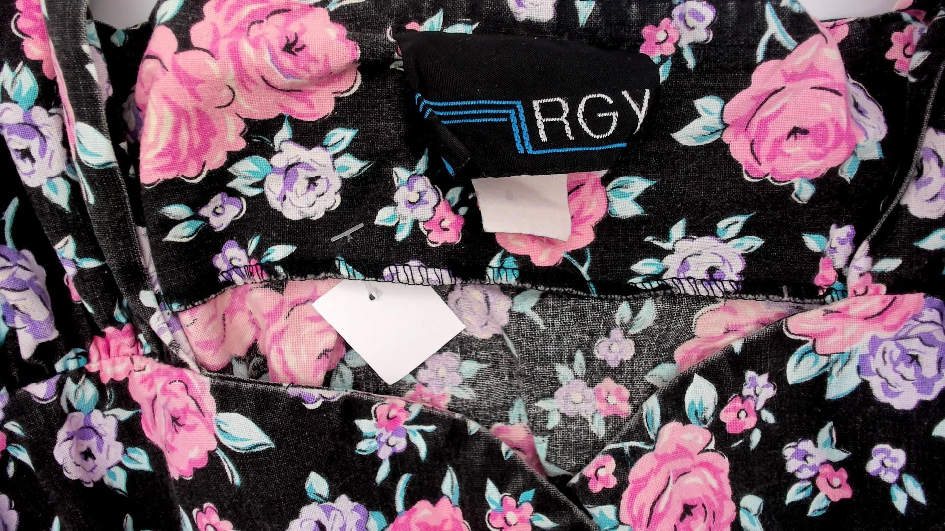 90s Black Floral Midi Dress Pink Rose Lavender Cap Sleeve V-Neck Medium