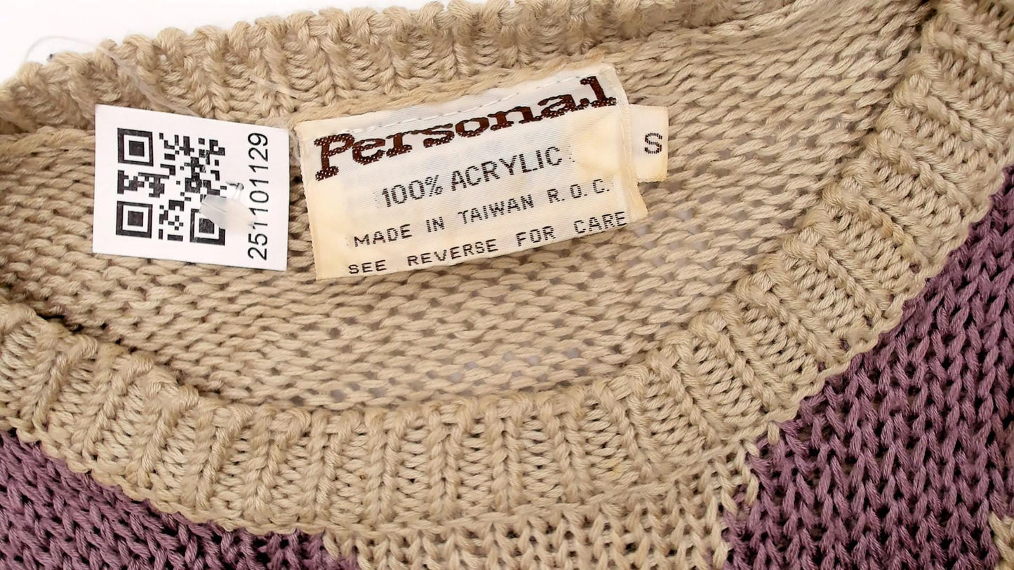80s Chevron Stripe Knit Sweater Purple Turquoise Cream Short Sleeve Small