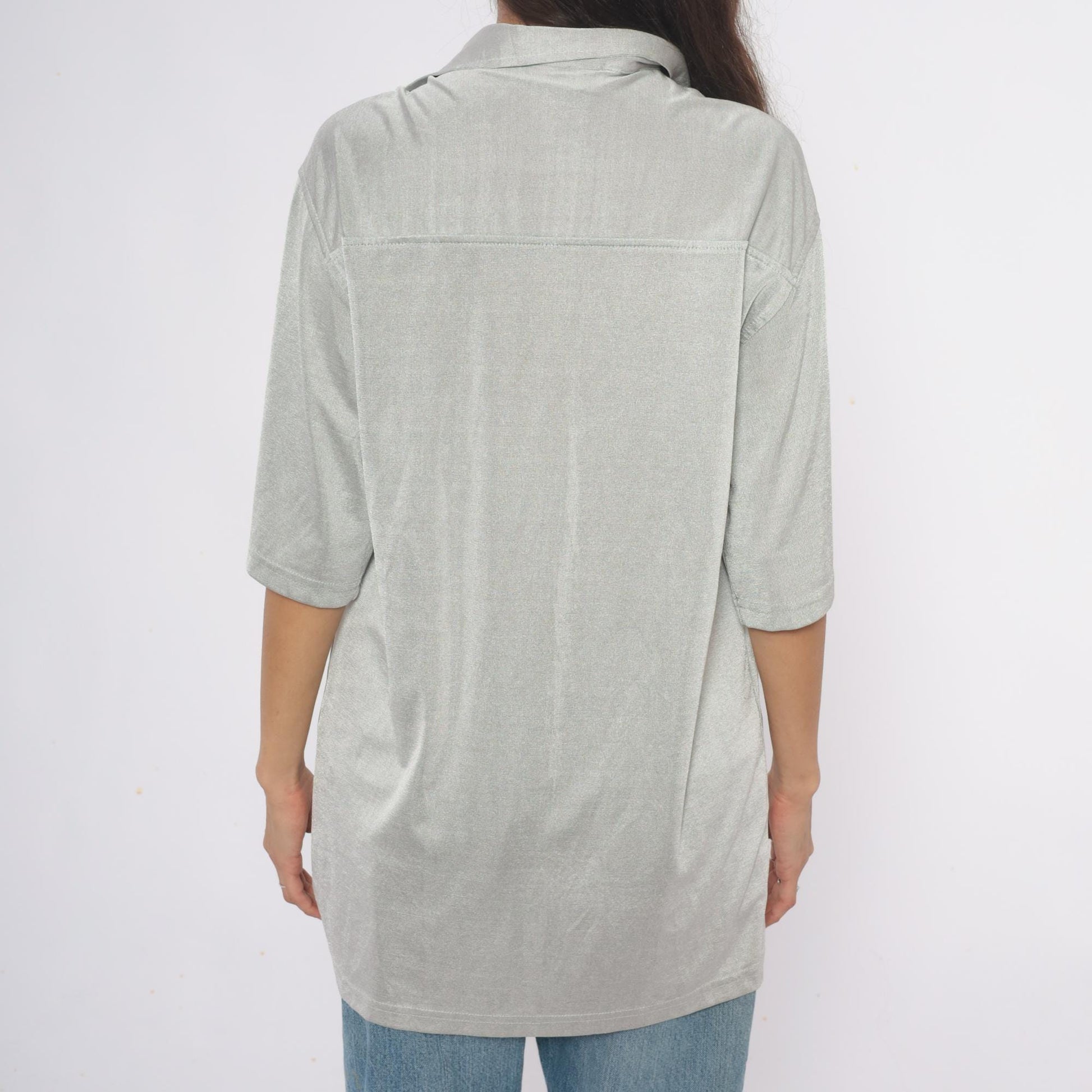 90s Silver Button-Front Tunic Shirt Three-Quarter Sleeve Extra Large XL