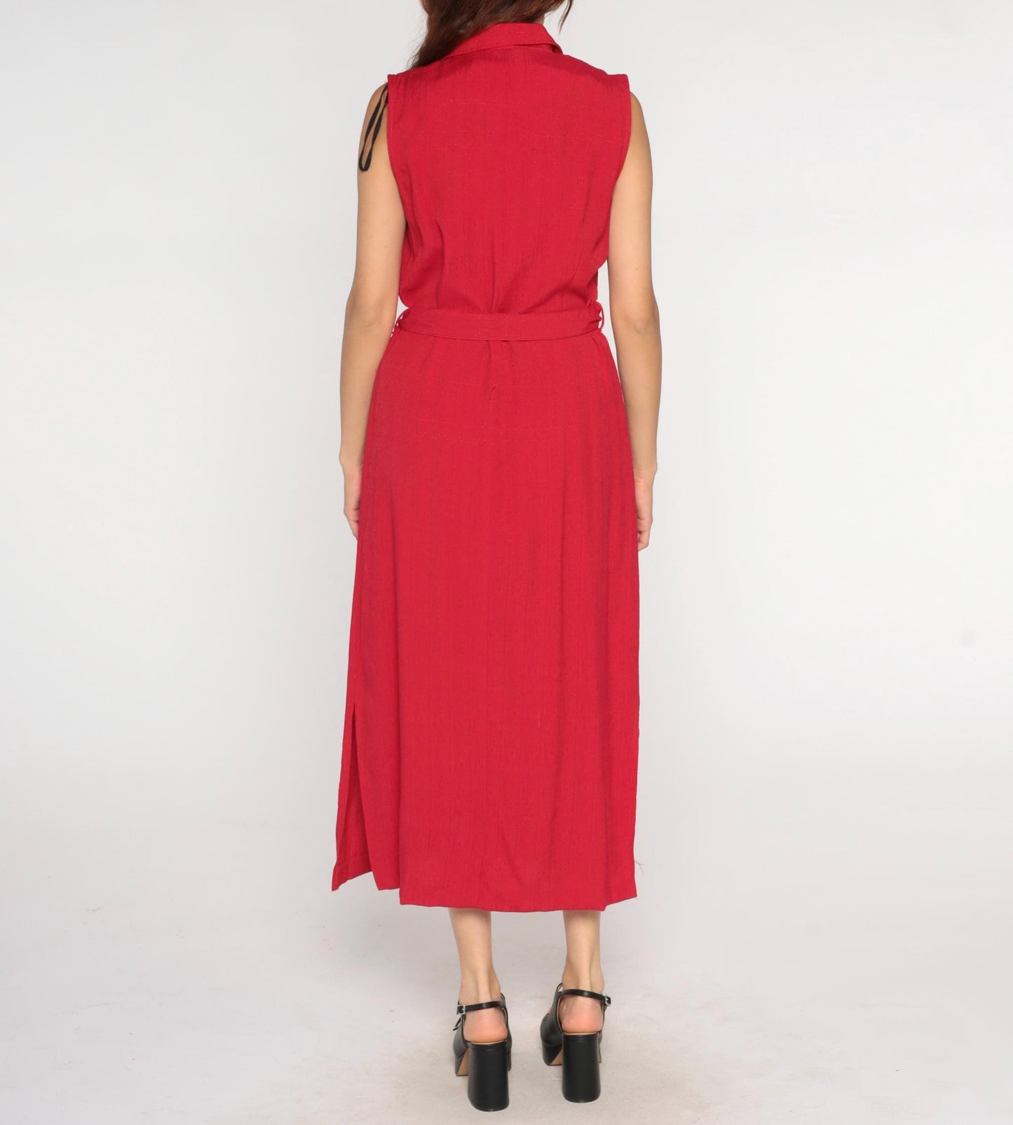90s Sag Harbor Red Midi Dress Sleeveless Button Front Belted Notched Collar Large