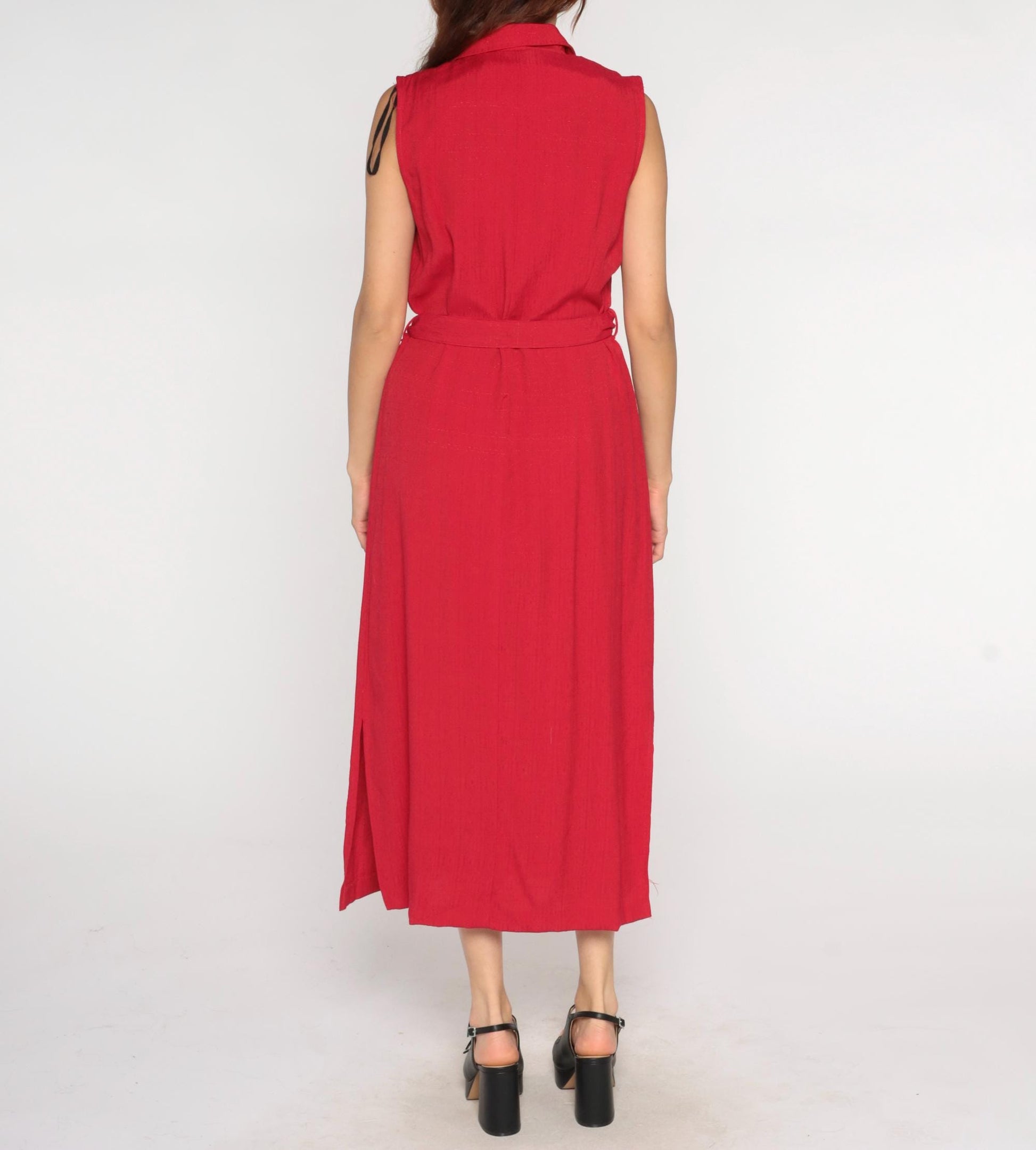 90s Sag Harbor Red Midi Dress Sleeveless Button Front Belted Notched Collar Large