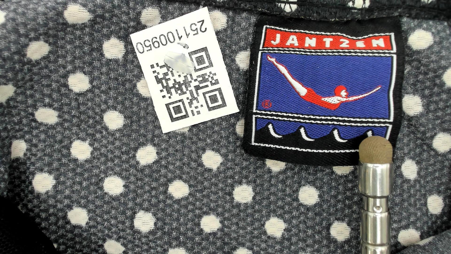 80s Jantzen Black White Polka Dot One-Piece Swimsuit Mesh Panel High Neck Size 12