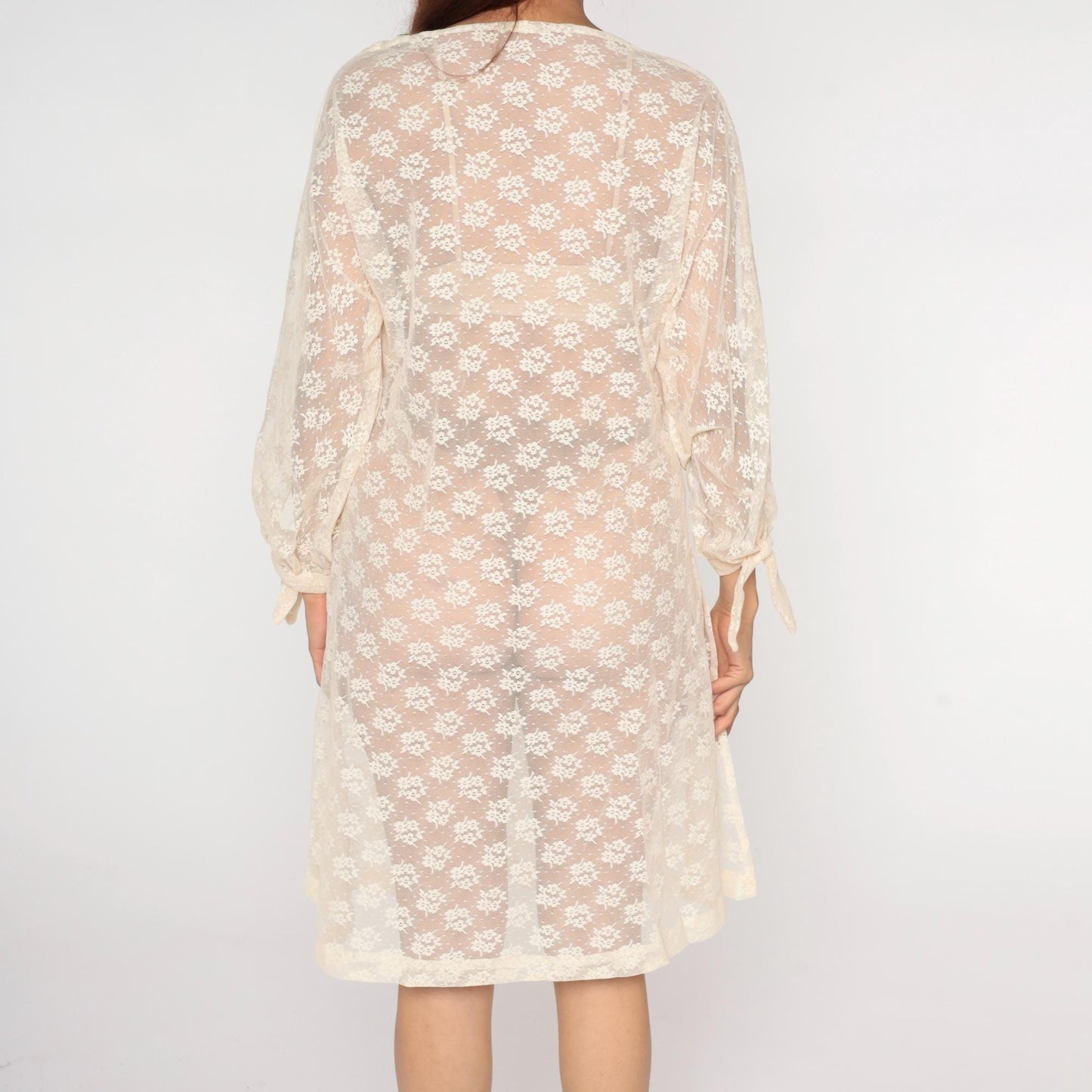 70s Cream Floral Lace Dress Knee Length Sheer Boat Neck Tie Cuff Small