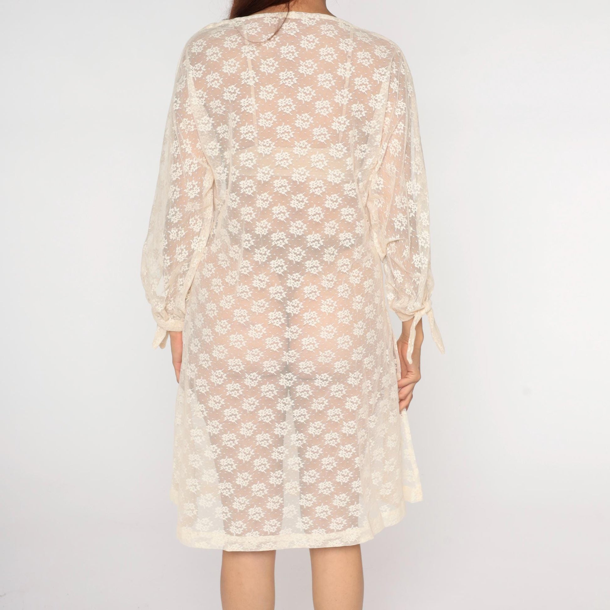 70s Cream Floral Lace Dress Knee Length Sheer Boat Neck Tie Cuff Small