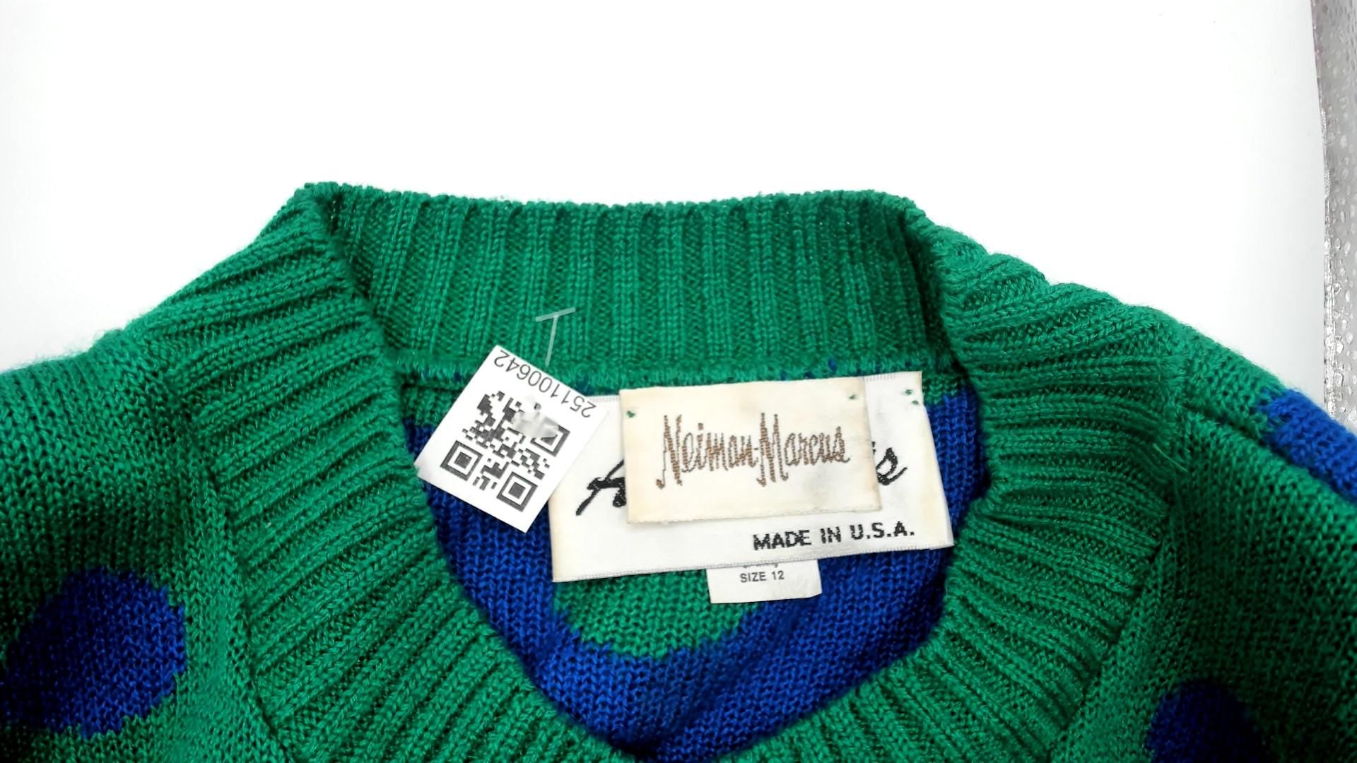 80s Ami Knits Cardigan Green Polka Dot Blue Striped Sleeves Large L