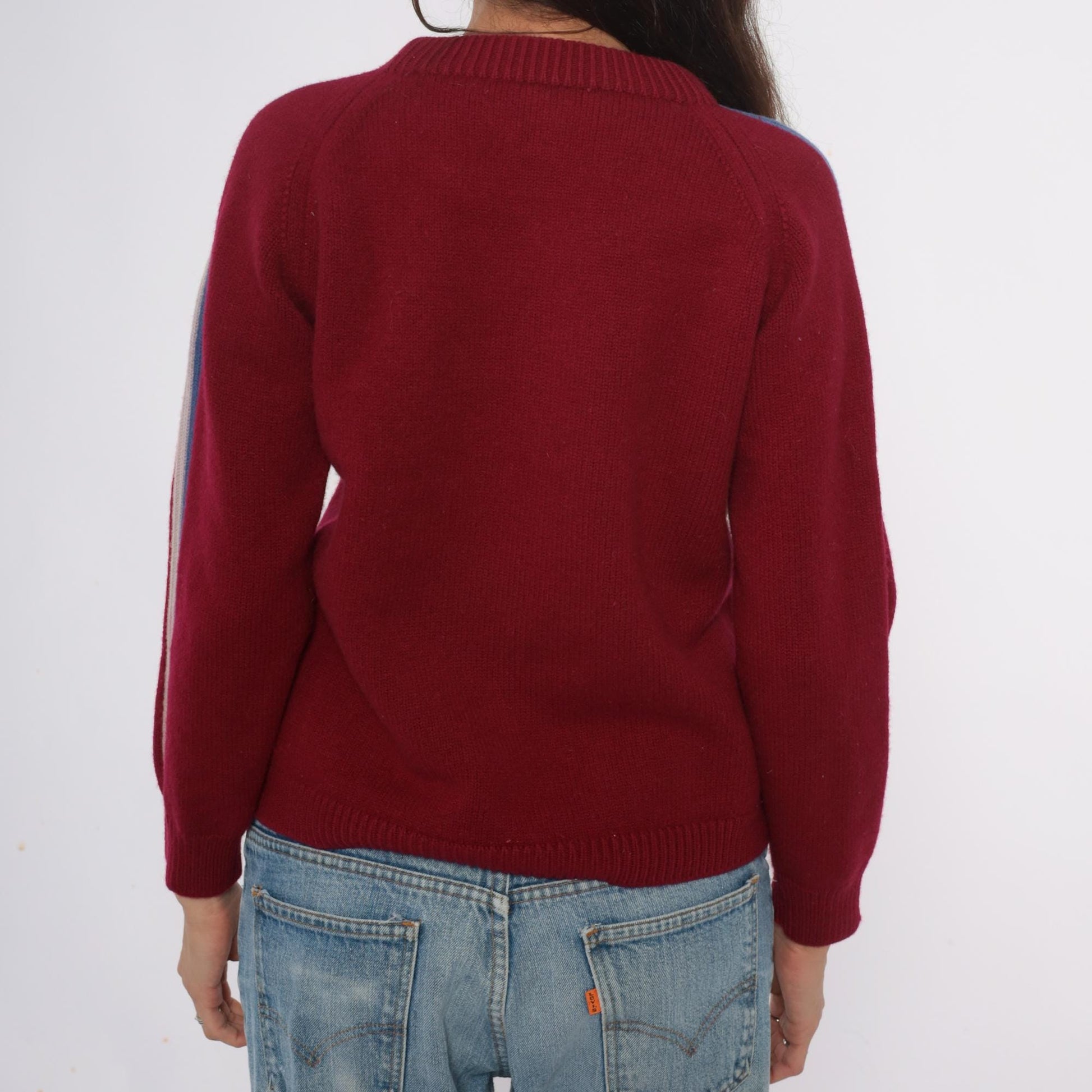 80s Cortina Burgundy Wool Sweater Stripe Raglan Crewneck Medium M
